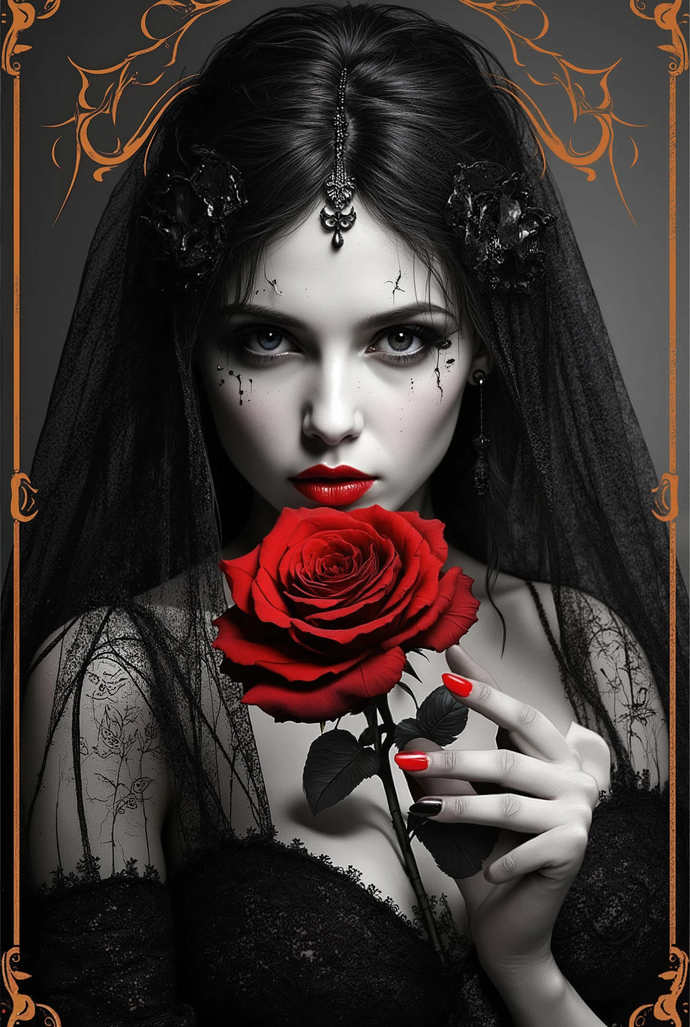 Gothic art showcasing a beautiful woman with alabaster skin, piercing black eyes, and raven hair draped with delicate black lace veil, against a smoky gradient background transitioning from ash gray to pitch black, clutching a vibrant red rose that echoes her crimson lips, stylized as a digital illustration inspired by Artgerm's elegant portraiture techniques, featuring precise linework and deliberate color contrast, side lighting creating dramatic shadows across her face, eerie yet romantic atmosphere with gothic ornamental details framing the composition --v 5 --stylize 1000