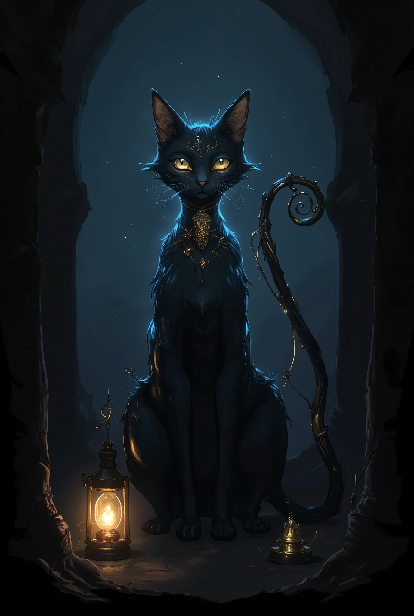 a black cat with a lantern hanging from the end of its tail
