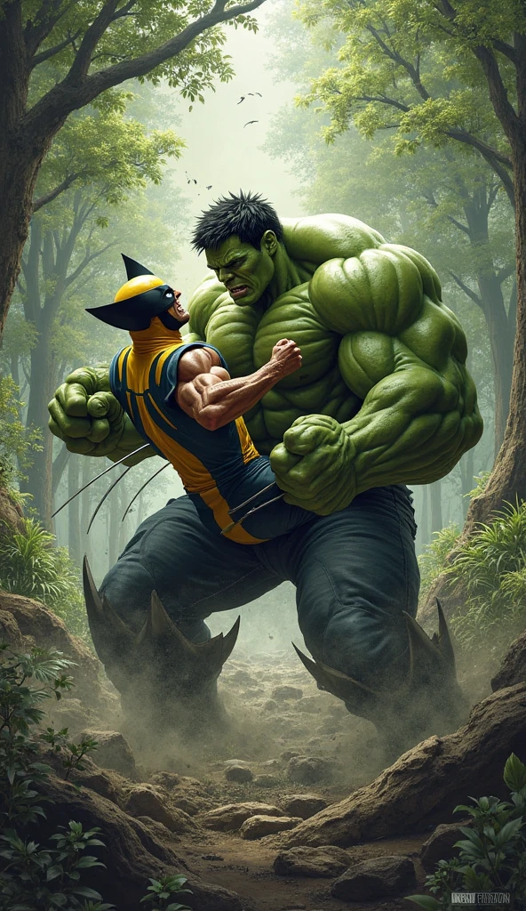 hulk vs wolverine facing each other, in the forest facing each other movie scene