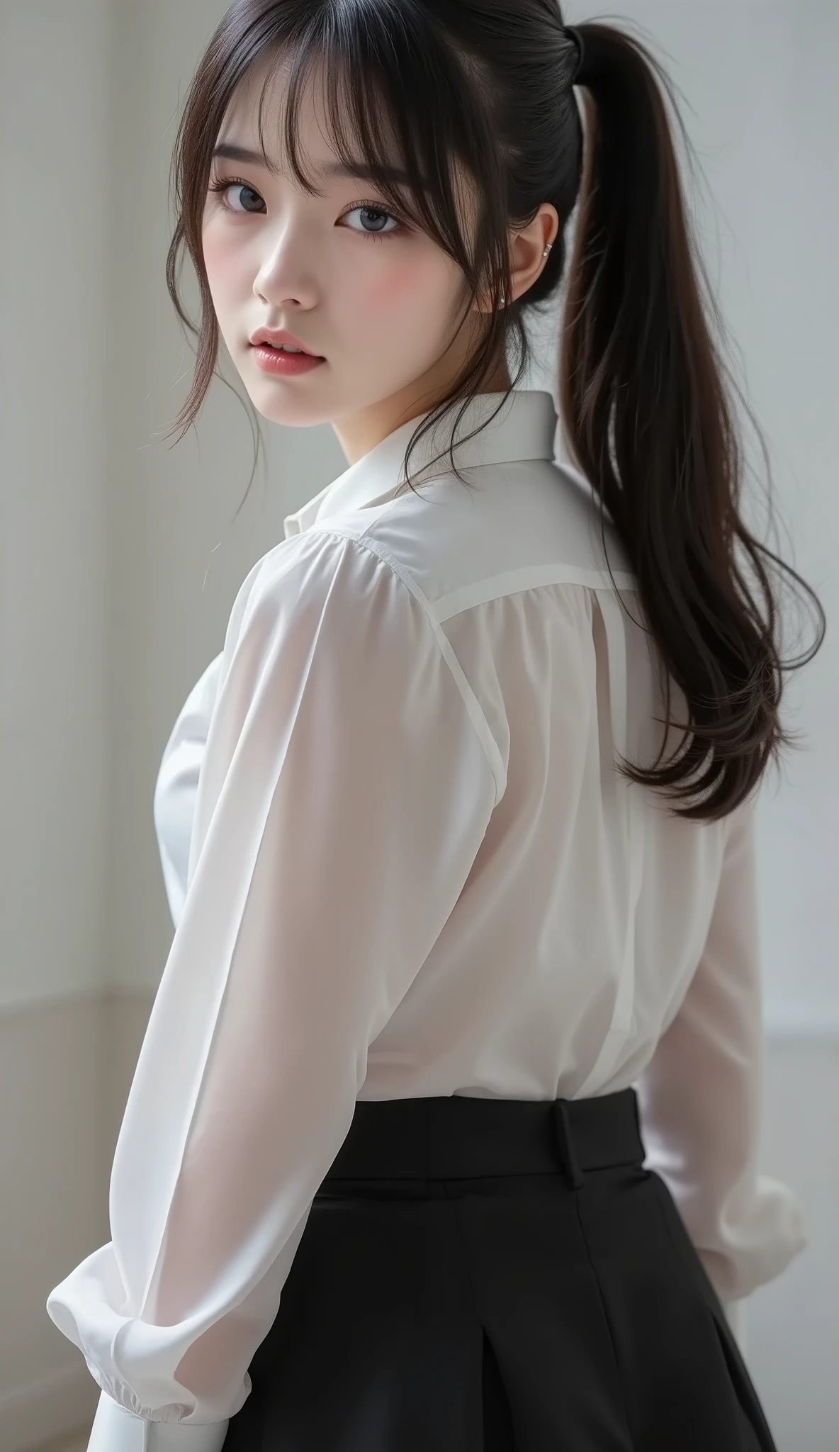 8k,super high definition , Highest quality, masterpiece,rule of thirds,golden ratio,surreal, photos, one woman,( girls on the left:1.3),cute,cute顔, Beautiful Eyes in Every Detail , 細かくexhaustive,mature woman,princess,cowboy shot,smile, black hair,Pulled back hair,ID photo, luxurious and beautiful ,(A Famous Japanese Idol Girl), ((Office uniform with white shirt, blazer and pencil skirt)),(((Clean clothing))),(((She Has an Ecstatic Expression))), very delicate expression , delicate eye description,, Healthy Body , (( 1 female)), Height: 160cm ,( thin waist:1.4)、( Beautiful :1.4), pink lips,profile in landscape orientation from,((( ideal figure))),Small bust, A cup :2,、 portraits:2、 perfect anatomy 、鮮明な exhaustive、 exhaustive, thin lips,Perfect and beautiful face ,完璧でcute顔, meticulous skin , perfect limb、 thin waist, surreal,Light and Dark, Fashion Magazine Cover ,glowing