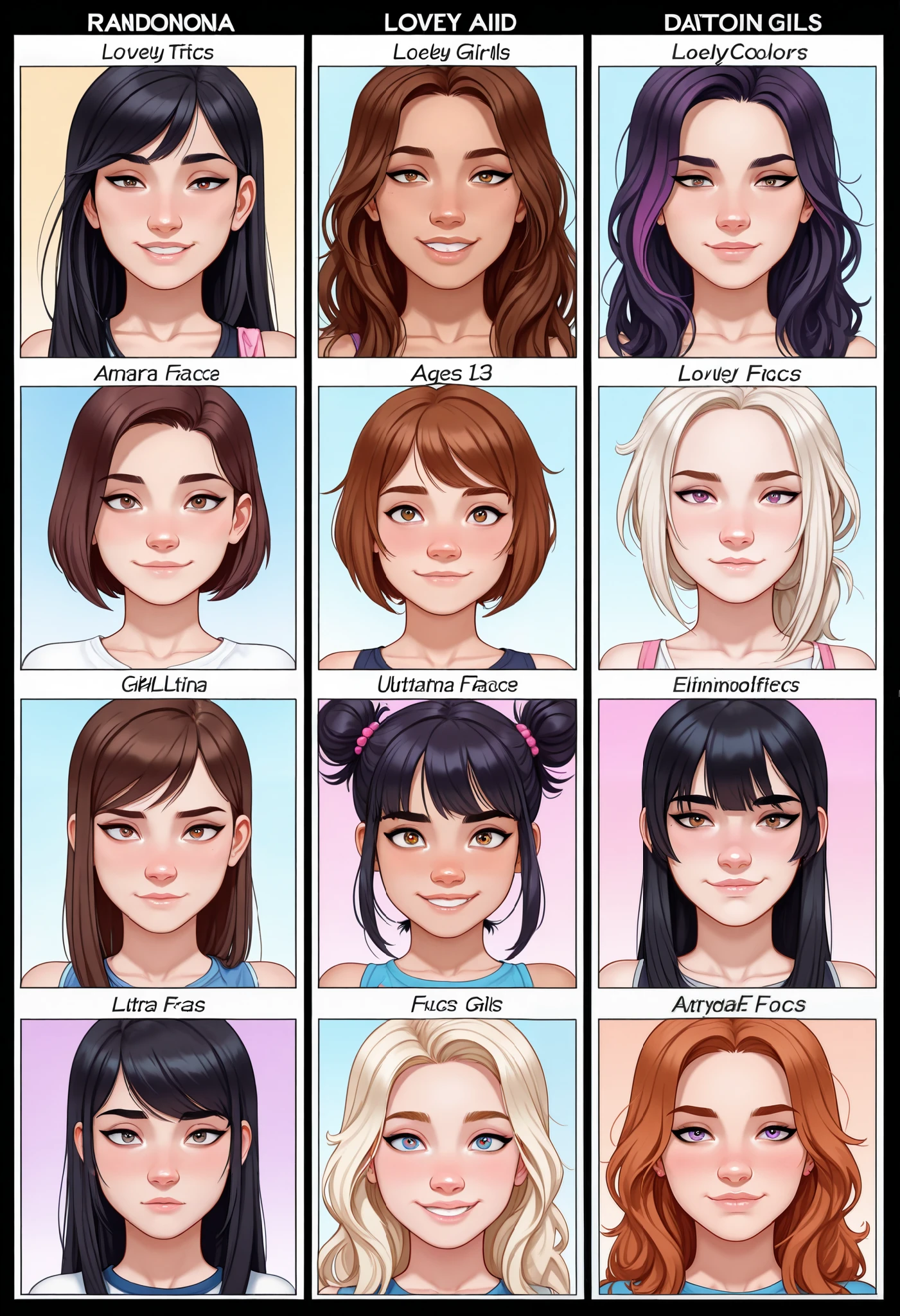 masterpiece, best quality, amazing quality, very aesthetic, high resolution, ultra-detailed, absurdres, newest, 8+girls, close up of dating app on phone screen, dating app with multiple profiles, cute cartoon art style, multiple young girls, early adolescents, multiple preadolescent girls, varied girls, white/latina/asian girls, preadolescent, er, ages 11-13, red posesvarious hair colors and styles, fully detailed faces, lovely detailed faces, stunning art style, detailed and beautiful faces, clear text, randomized names,