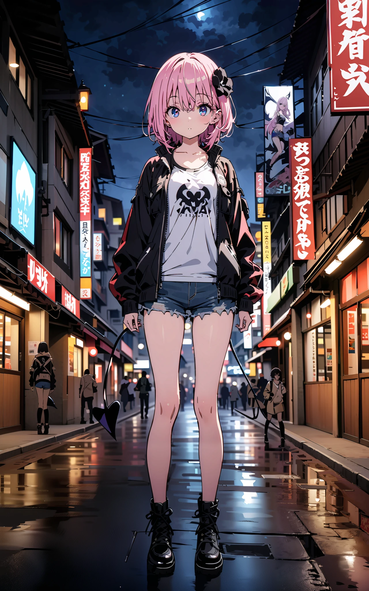 モモデbuildingケ, モモ・デbuildingーク, demon Tail,  Hair Flower, hair ornaments close to the garden, purple eyes, pink hair,  short hair, Medium breast,胸の谷間,Tail,riders jacket,tank top outside of anime,Underbomb,belly button sticking,Bare legs,denim micro shorts,shoes, Short Boots,standing,building,Nōn,night,full bodyがイラストに入るように,
break outdoors, Metropolis,
break looking at viewer,full body,
break (masterpiece:1.2),Highest quality , kampala, Unity 8K Wallpaper ,(shape:0.8),(  fine, beautiful eyes  :1.6),It's a person ,full body写真,CG Details , (perfect hands, complete anatomy),