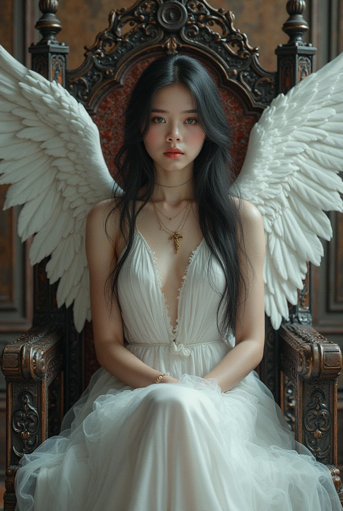 1 girl,  1990s (style),long black hair,big breasts,angel,black angel wings,halo,white tunic,languid,sluggish,empty eyes,bored,lonely,sigh,half-closed eyes,sharp eyes,open eyes,air is heavy,sitting,Right knee up,Right elbow on right knee,holds a cigarette in her right hand,exhaling cigarette smoke from his mouth,heaven,floor is made of fluffy clouds