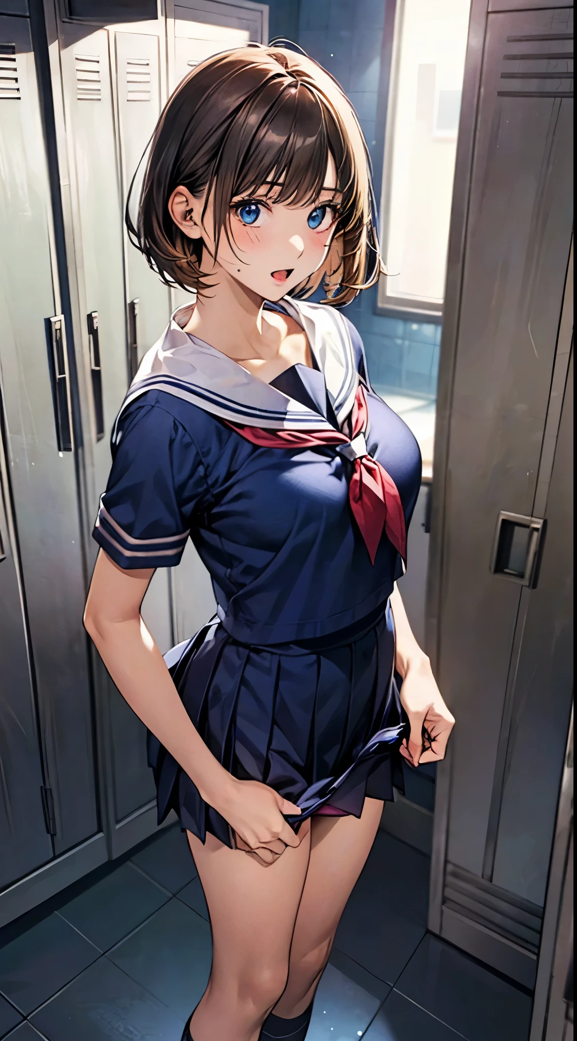 Browsing Caution,(((Perfect Anatomy, Anatomically correct, Very detailedな肌))), 1 girl, Japanese, high School girl, Shiny skin, Observe the audience, ((Back view, From below)), Beautiful Hair, Beautiful Face, Beautiful details, (short hair:1.1, Bobcut:1.2), Dark blonde hair:1, blue eyes, Baby Face, Mole under the eye, Beautiful clavicle, Beautiful body, Beautiful breasts, Big Breasts:0.5, Beautiful thighs, Beautiful feet, Camel Toe, ((Short sleeve, Cute Sailor Suit, All dark blue, Dark blue pleated skirt, Navy blue sailor collar, Sailor scarf, socks, Brown Loafers)), Captivating thighs, (Red Slave Collar), ((Embarrassing, Scared, sad, tears, cry, Half-open mouth)), Are standing, (((Leaning forward), Take off, Raise one leg, Pull on white panties)), (Beautiful views), summer, School, locker room, 8k, highest quality, Masterpiece:1.2, Very detailed), (Realistic), Beautiful illustrations, Natural light, whole body,