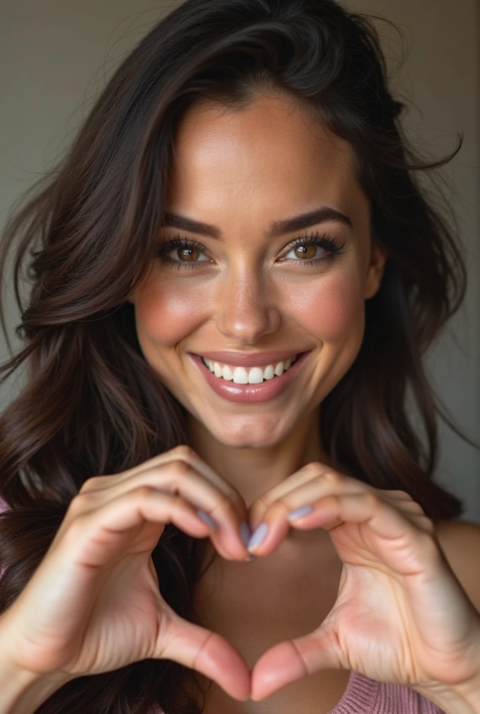 (masterpiece, UHD. Raw. Photorealistic.) extreme Close-up of a hands, an ultra hot gorgeous European woman.age 23. Epic cleavage. (100 E SIZE). Smiling, smirking.sensual pose.jaw-dropping beauty, perfect proportions, voluptuous body (Close-up of a hands making a heart shape in front of the chest:1.7), exact hands, correct hands, wearing  a random color micro bikini. Early morning light.