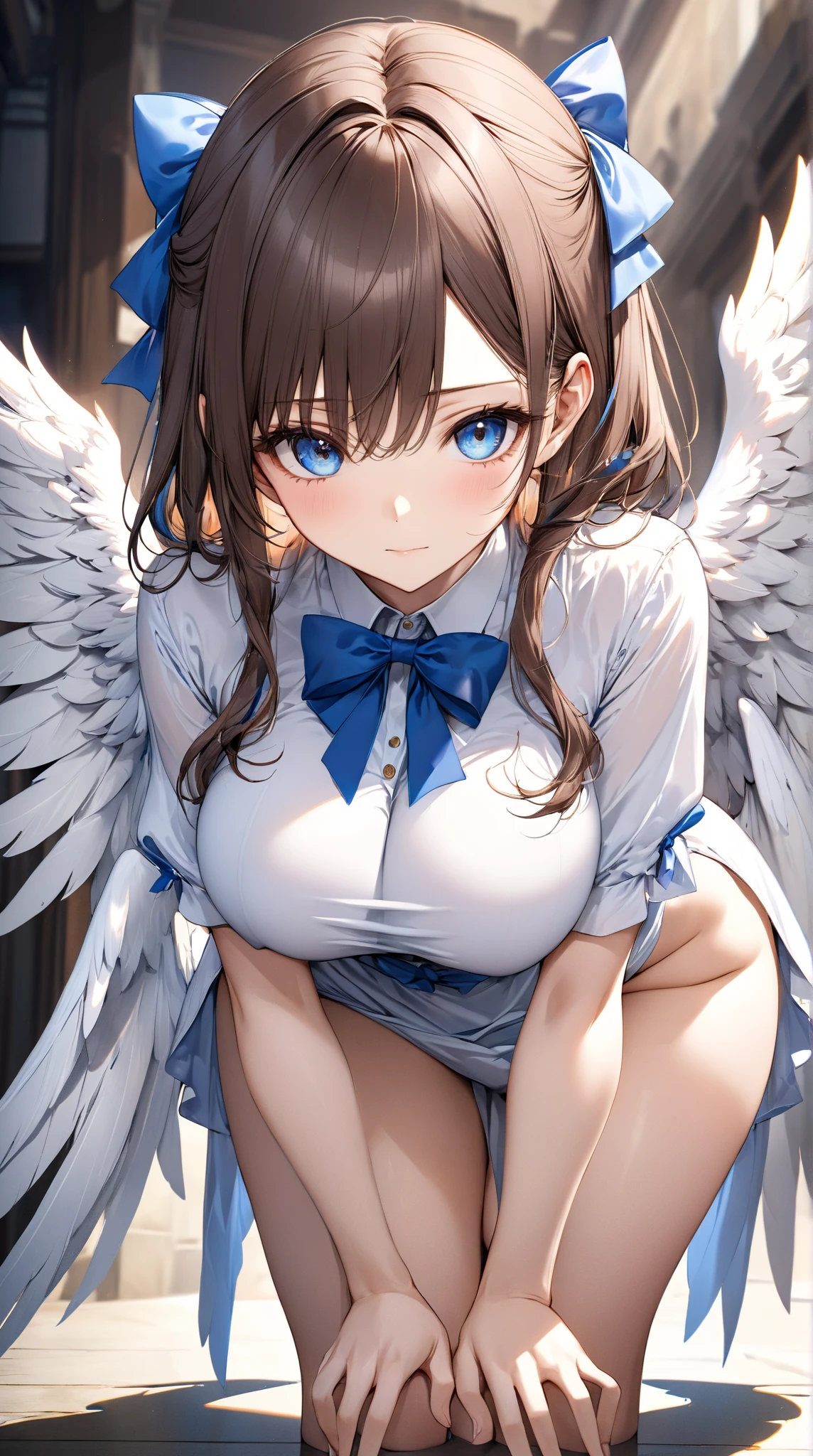 Angel、White wings on the back((1人の女の子Long Hair), (Star-shaped pupils, +_+, Symbol-shaped pupil, Sparkling eyes), ((Toddler girl))　((5 ))((naked))　((nsfw))Long Hair((See-through white baby doll(She lifts up her transparent skirt to reveal her crotch))((She opens her transparent chest to reveal her breasts.))((No panties)) Leg spread、Gold Collar、Gold Smartwatch