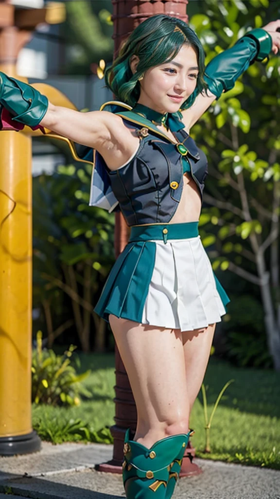 A dungeons forest elf, blonde, wearing a short green vest, sitting with her Spread your legs open to side, showing her white panties, cameltoe