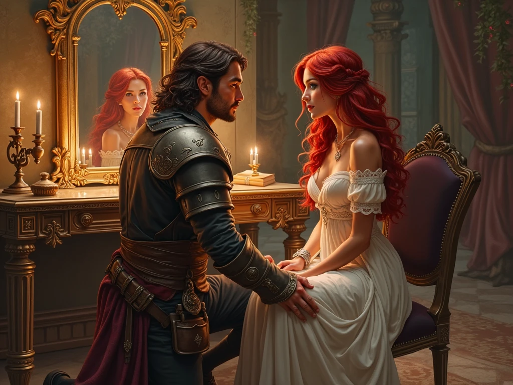 Cadre : un cachot sombre avec des barreaux a une fenetre.
Fille: Elle a les cheveux long rouges et ondulés avec une couronne de fleurs elle est a genoux sur un matelas au sol effrayé avec une chaine qui est autour de sa cheville et les yeux bandees avec un bandeau en soie rouge pour pas qu elle s enfuie elle a une robe blanche
Homme : il a les cheveux noir et long il caresse les cheveux de la jeune femme d un air rassurant mais ferme.il avait du desir pour elle il est Italien . Il etait habillée comme un seigneur du Moyen Age et dans sa ceinture il a une épée