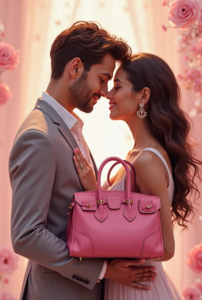 Walking on city streets, a man and a woman, bandeau dress, wearing long gorgeous clothes, wearing pink flower long dress, cute couple, shopping, in the city