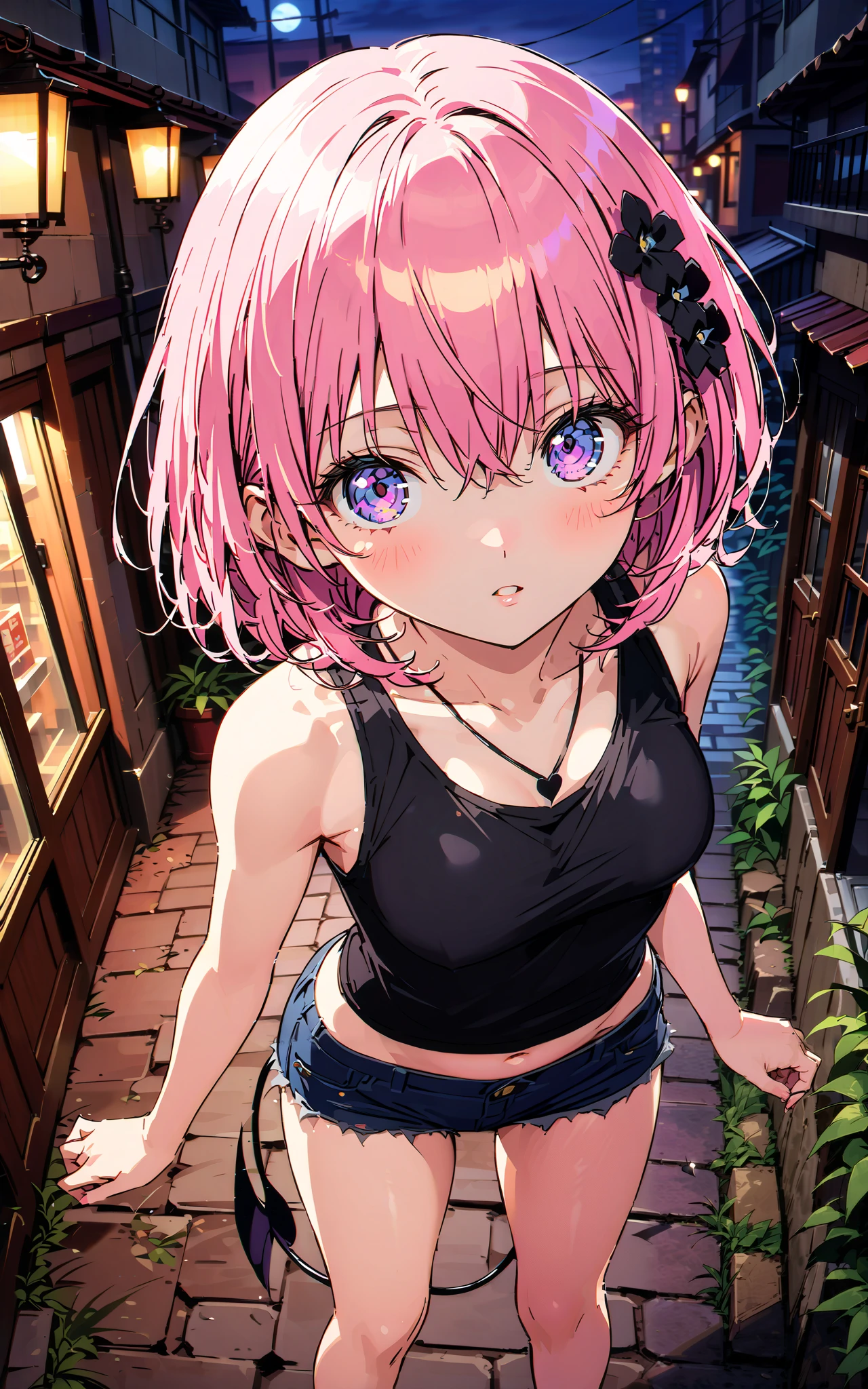 モモデbuildingケ, モモ・デbuildingーク, demon Tail, Hair Flower, hair ornaments close to the garden, purple eyes, pink hair, short hair, Medium breast,胸の谷間,Tail,riders jacket,tank top outside of anime,belly button sticking,Bare legs,denim micro shorts,shoes, Short Boots,standing,building,Nōn,night,full bodyがイラストに入るように,
break outdoors, Metropolis,
break looking at viewer,full body,
break (masterpiece:1.2),Highest quality , kampala, Unity 8K Wallpaper ,(shape:0.8),( fine, beautiful eyes :1.6),It's a person ,full body写真,CG Details , (perfect hands, complete anatomy),