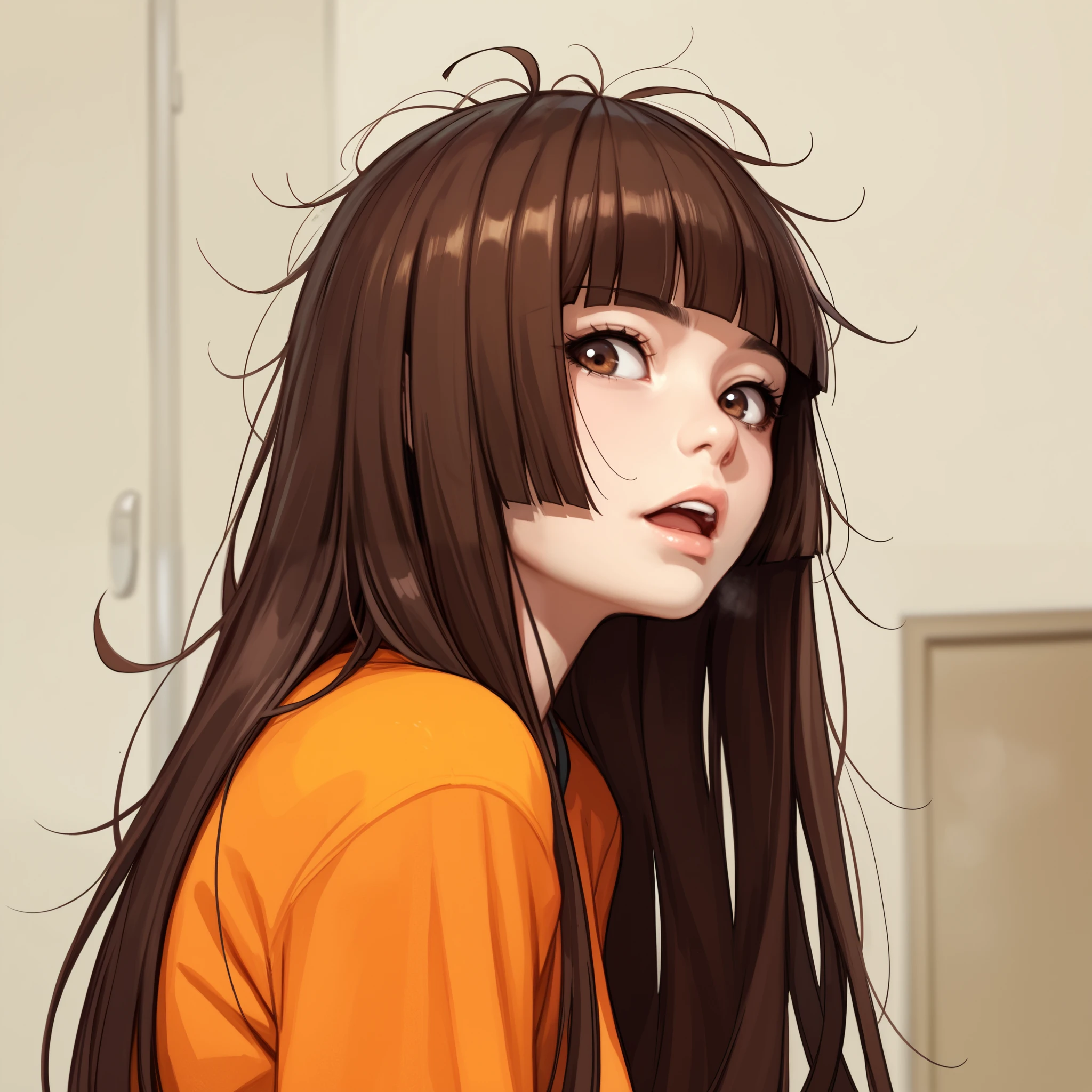score_9, score_8_up, score_7_up, source_anime, 1girl, solo, brown eyes, messy hair, stinky, head tilt, curious, open mouth, brown hair, long hair, hime cut, hmcut, small breasts, cute, vibrant colors