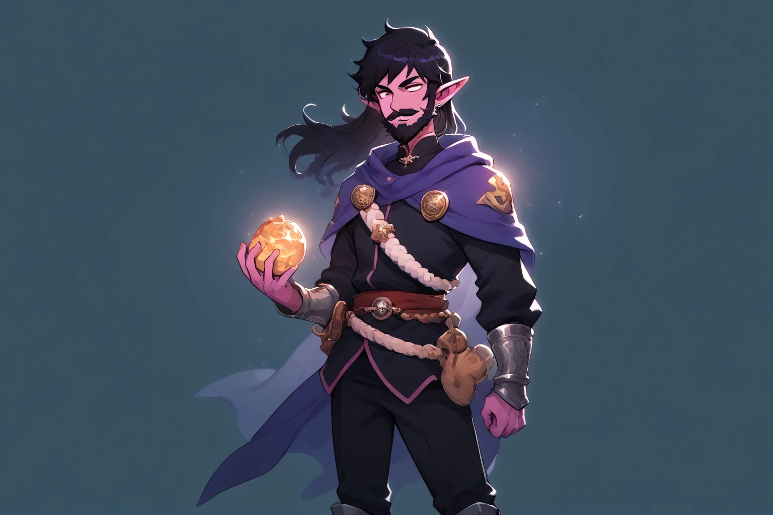 Male BarD rockstar Tiefling with purple skin,cuernos Tiefling geniales con vetas DoraDas, WITH LEATHER SUIT ,character of D&D, black hair, black beard,  ojos verDes ,  smile,  perfect eyes, purple skin,meDim black hair,Thick mustache, black hair, presumeD, taberna De fantasía De fonDo,  ojos verDes   smile, perfect eyes, perfect face, stock, holDing stock, sostenienDo arma, posición De guarDia alta De espaDa, Masterpiece,  high resolution ,  look of empowerment,  la mejor caliDaD ,  Detalles altos ,  alta caliDaD, posición De guarDia alta De espaDa,  older man , long hair, black hair,   Hood on, 