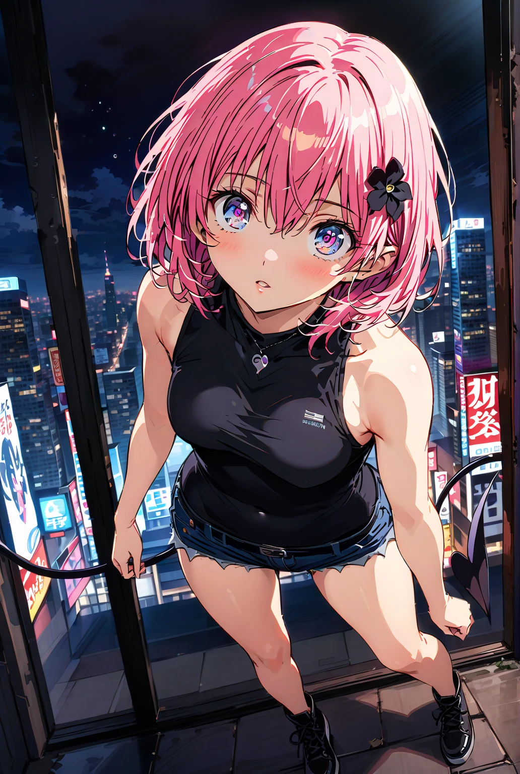 creates a 21-year-old anime girl in the rain with a wet white tank top with a short blue skirt pink hair and green eyes in an anime cityscape