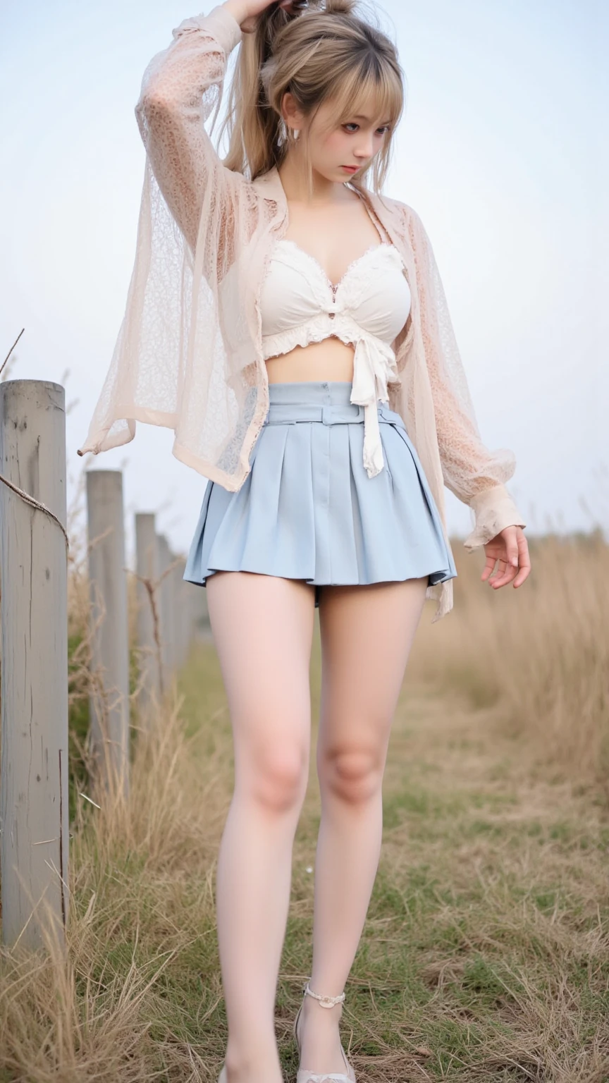 (8k、RAW Photos、highest quality、masterpiece:1.2)、(Realistic、Realistic)、1 girl、((Pink Dress、belly button、See-throughのオフショルダー、Fluttering Hair、Stand with hands on hips、See-through、boots、Very small breasts、Small pink areola、small erect nipples、Narrow waist、Shaved、View from the front、Are standing、frozen body)、smile、Lots of eyelashes、Add shine to your eyelids、skeletally correct、((Pull up your skirt yourself)))、(Lift it yourself)、(((Excitedly showing off one's genitals )))