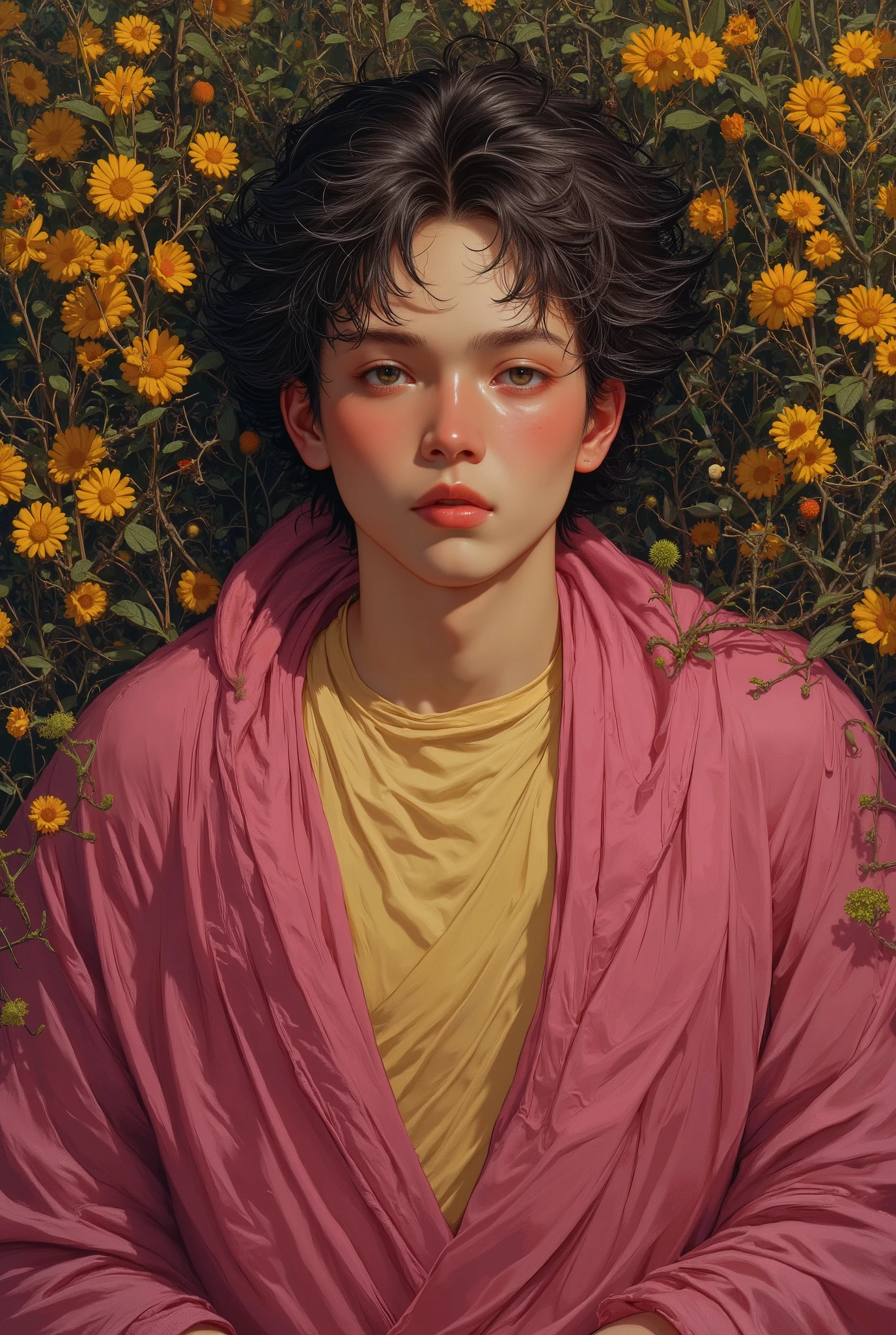 handsome young man lying in the bushes and thorns and beautiful  cream yellow flowers, top view camera. wearing rich pinks wizards robe and cream yellow turttle neck shirt inside. oil painting, masterpiece, shadows, expert, insanely detailed, 4k resolution,