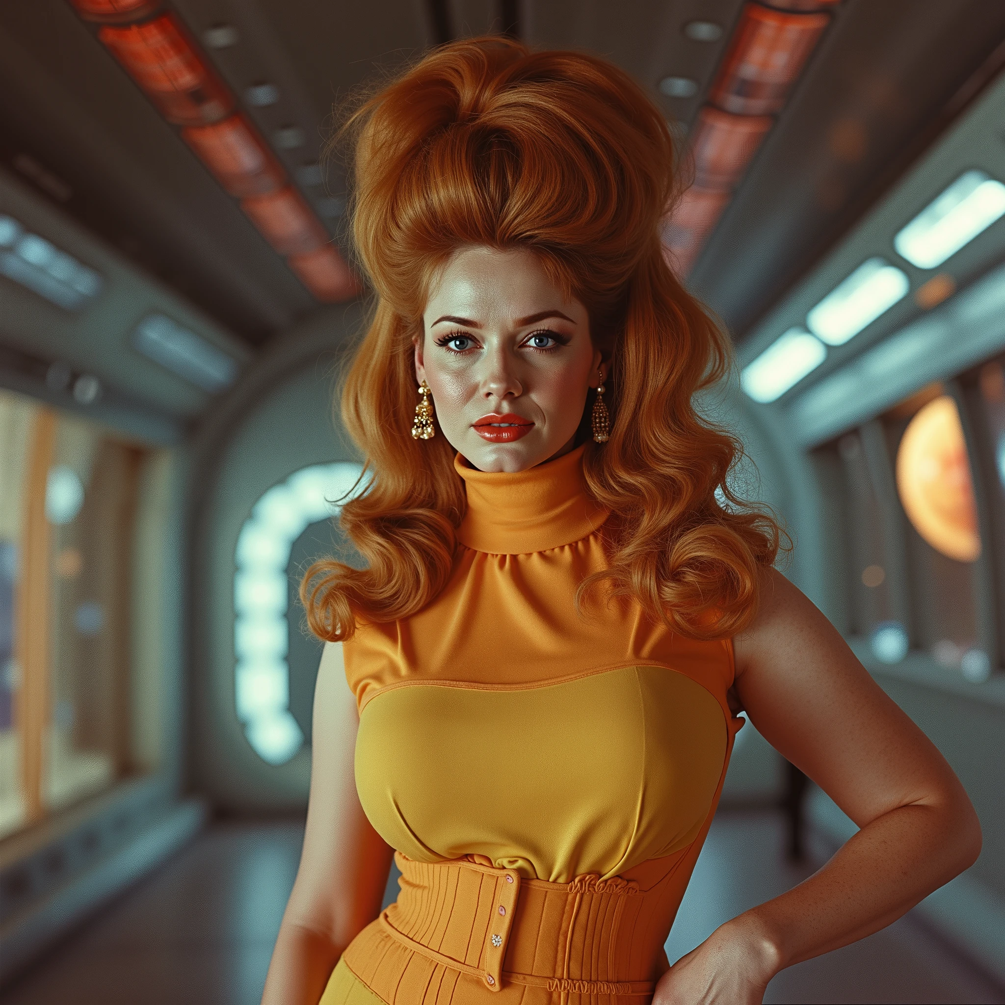 A vintage space age artistic image, low angle dutch angle, buxom unique female character, sci-fi 1968, long wavy auburn hair that is high at the top of her head and cascading over her shoulders, curvy, wearing a form fitted 1960s colorful mod space dress with a turtleneck collar. The background is shiny space dock with planets galaxies and stars outside the windows, focusing attention on her attire and hairstyle jet set mod 1960s