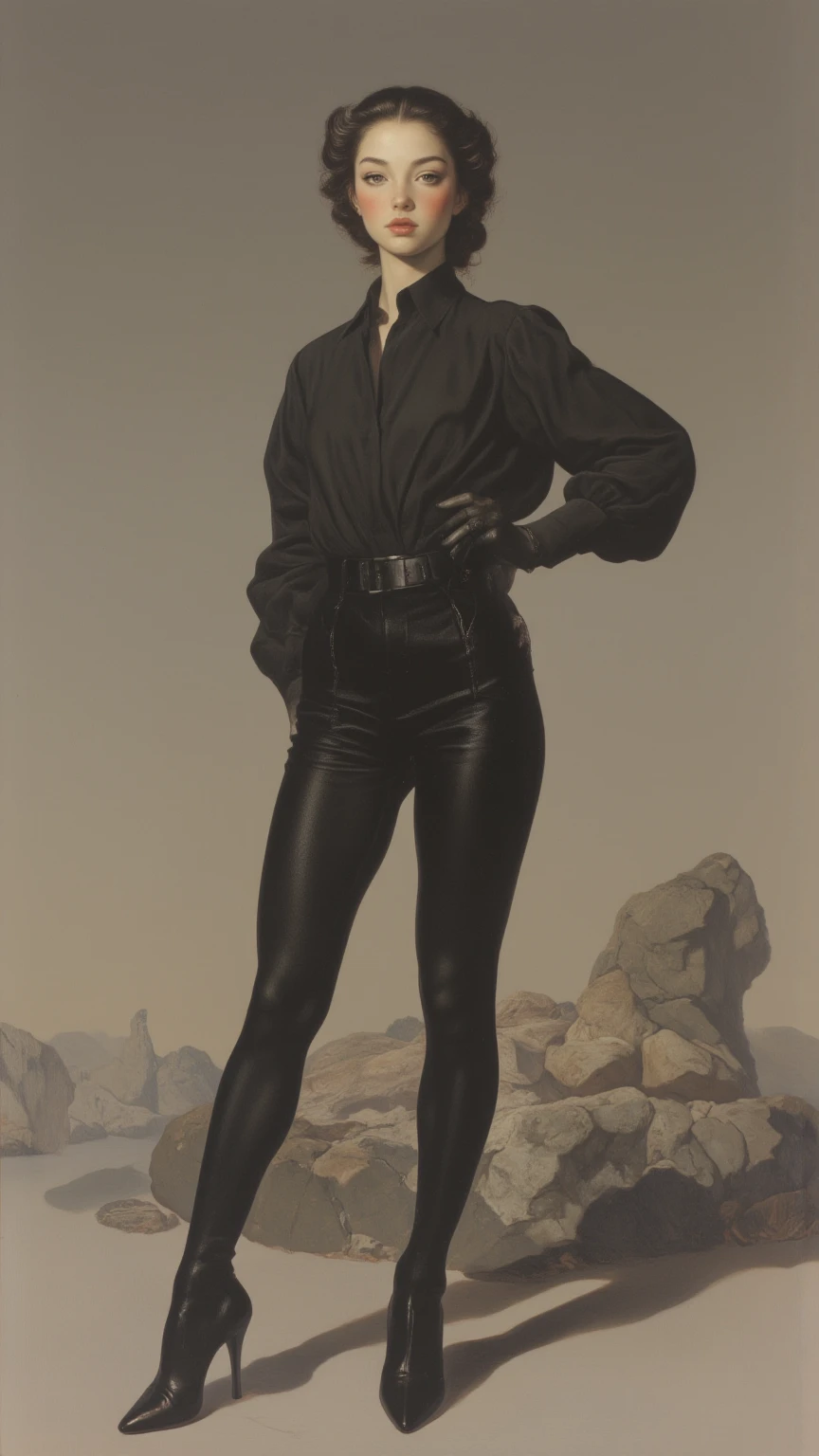 illustration painting in the style of norman rockwell of a beautiful fashion model style short brunette hair topless nude hairy pussy sunglasses black boots 