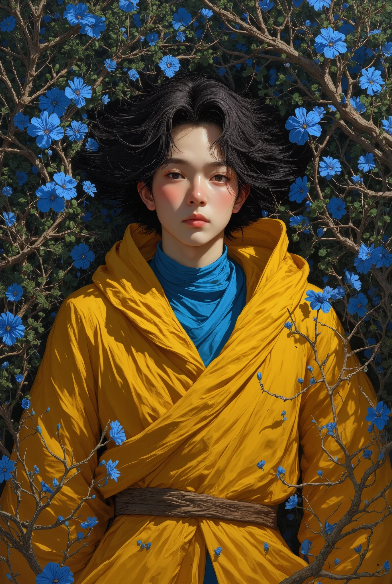 handsome young man lying in the bushes and thorns and beautiful pinton blue flowers, top view camera. wearing rich yellow wizards robe and pinton blue turttle neck shirt inside. oil painting, masterpiece, shadows, expert, insanely detailed, 4k resolution,