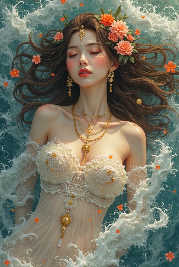 (Highest image quality, realistic depiction),(Body slippery with lotion,sweaty body),artistic all naked art,(Beautiful nude woman imitating the birth of Venus,),Colossal tits,((best character depiction,beautiful nude body)),I love perverted acts and am happy.