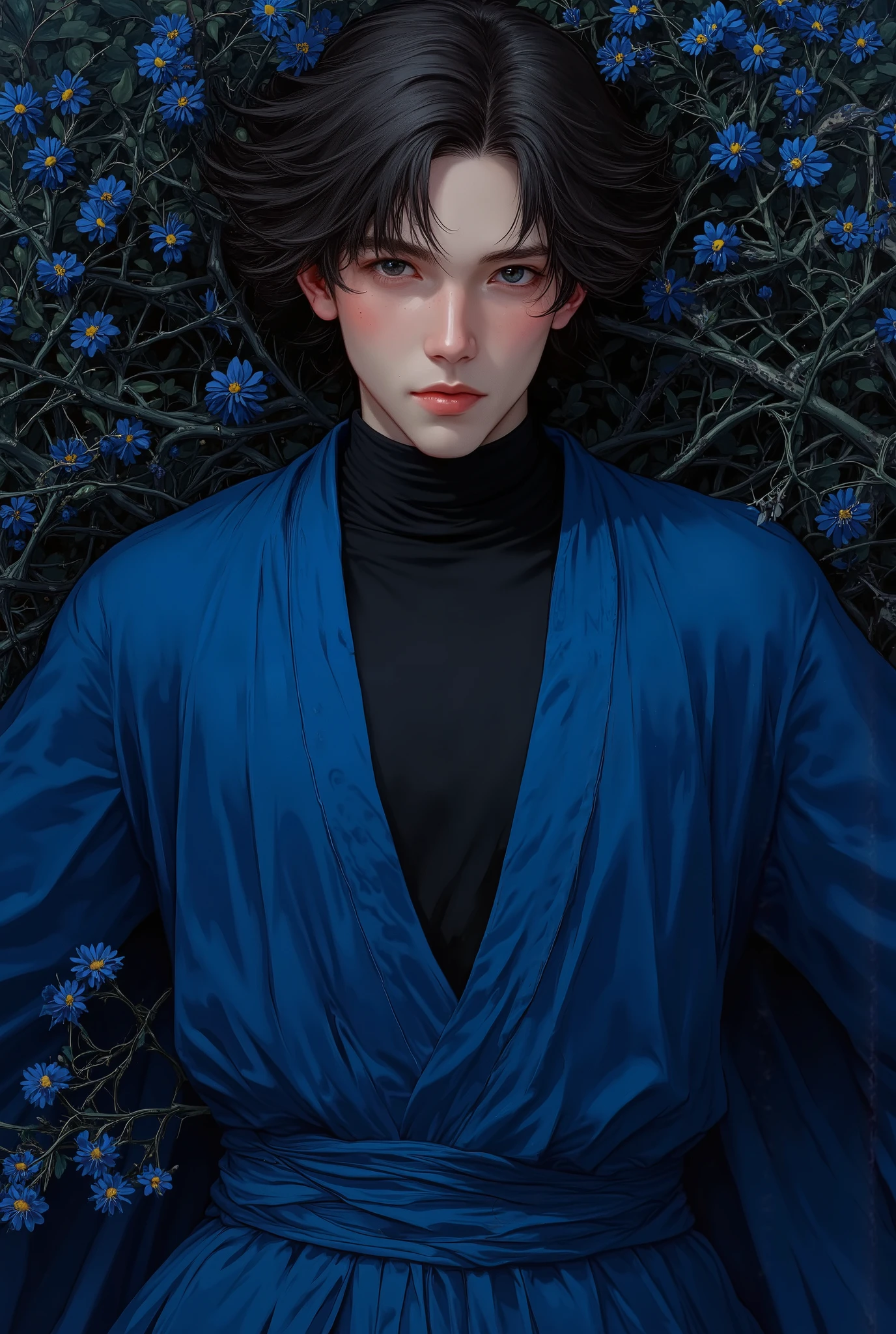 handsome young man lying in the bushes and thorns and beautiful black flowers, top view camera. wearing deep azure blue wizards robe and black turttle neck shirt inside. oil painting, masterpiece, shadows, expert, insanely detailed, 4k resolution,