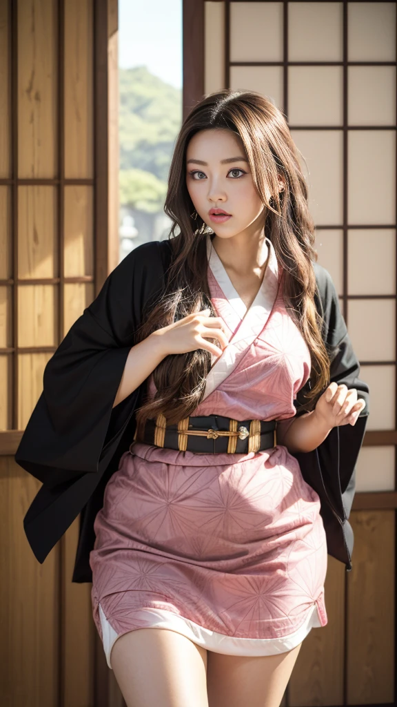 (((Holding a sword)))、(((Tears running down my cheeks)))、Beautiful Japanese Supermodel Women, Hair with subtle highlights, Iris, sexy，Street background，Gorgeous kimono （Floral）, Backlit shooting，perfect face lighting，Mixed Media