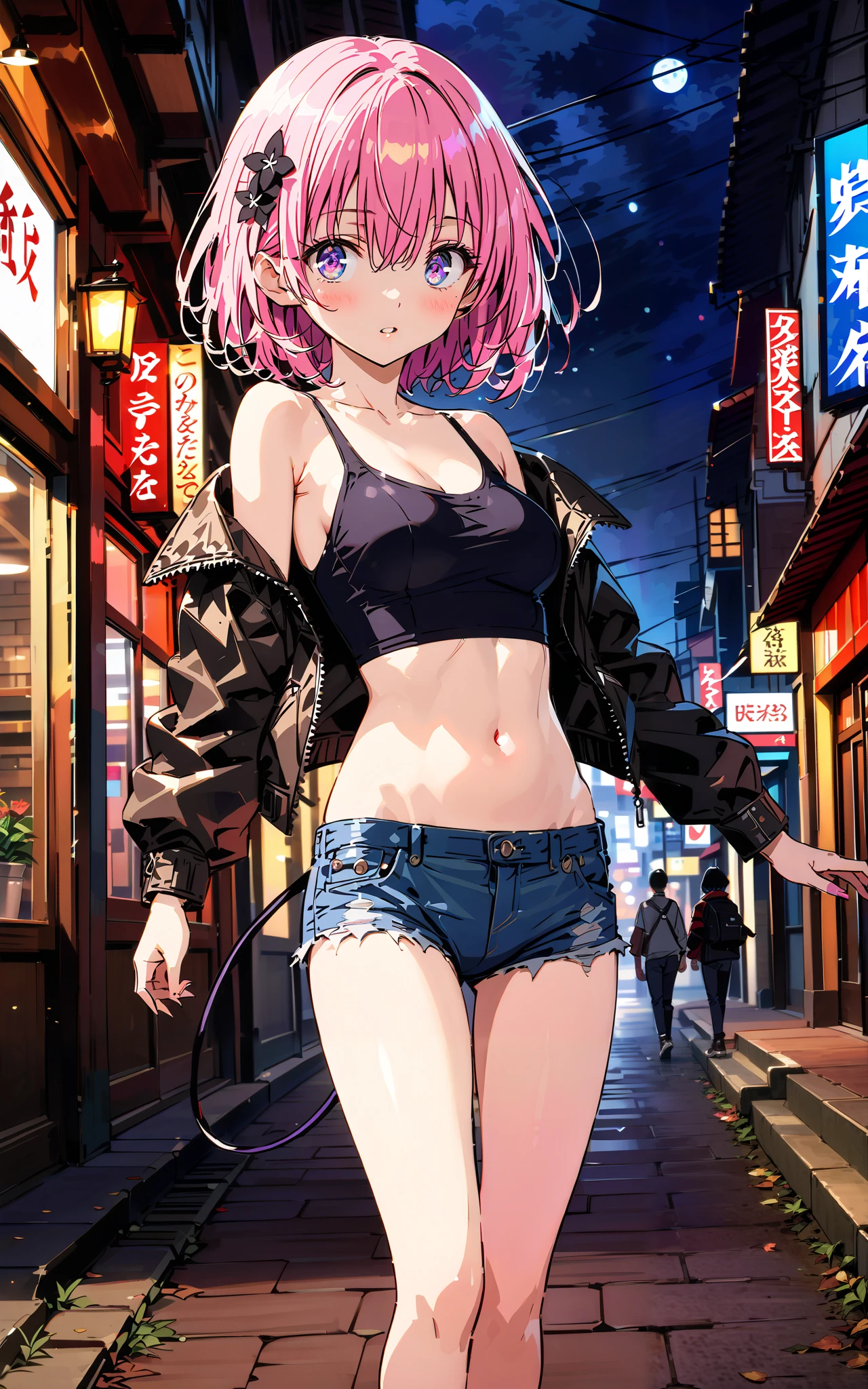 モモデbuildingケ, モモ・デbuildingーク, demon Tail, Hair Flower, hair ornaments close to the garden, purple eyes, pink hair, short hair, Medium breast,胸の谷間,Tail,riders jacket,tank top outside of anime,belly button sticking,Bare legs,denim micro shorts,shoes, Short Boots,standing,building,Nōn,night,full bodyがイラストに入るように,
break outdoors, Metropolis,
break looking at viewer,full body,
break (masterpiece:1.2),Highest quality , kampala, Unity 8K Wallpaper ,(shape:0.8),( fine, beautiful eyes :1.6),It's a person ,full body写真,CG Details , (perfect hands, complete anatomy),