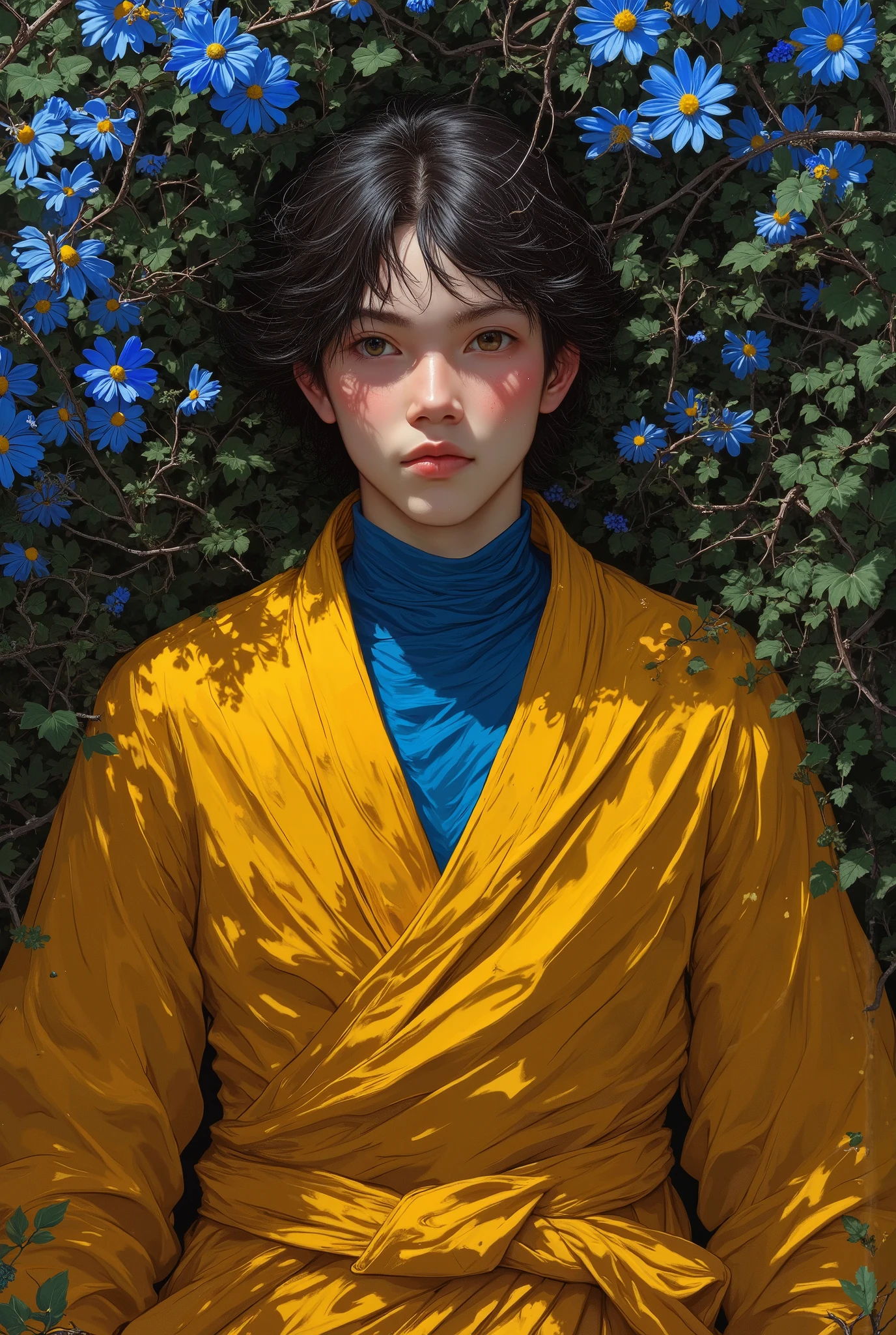 handsome young man lying in the bushes and thorns and beautiful pinton blue flowers, top view camera. wearing rich yellow wizards robe and pinton blue turttle neck shirt inside. oil painting, masterpiece, shadows, expert, insanely detailed, 4k resolution,