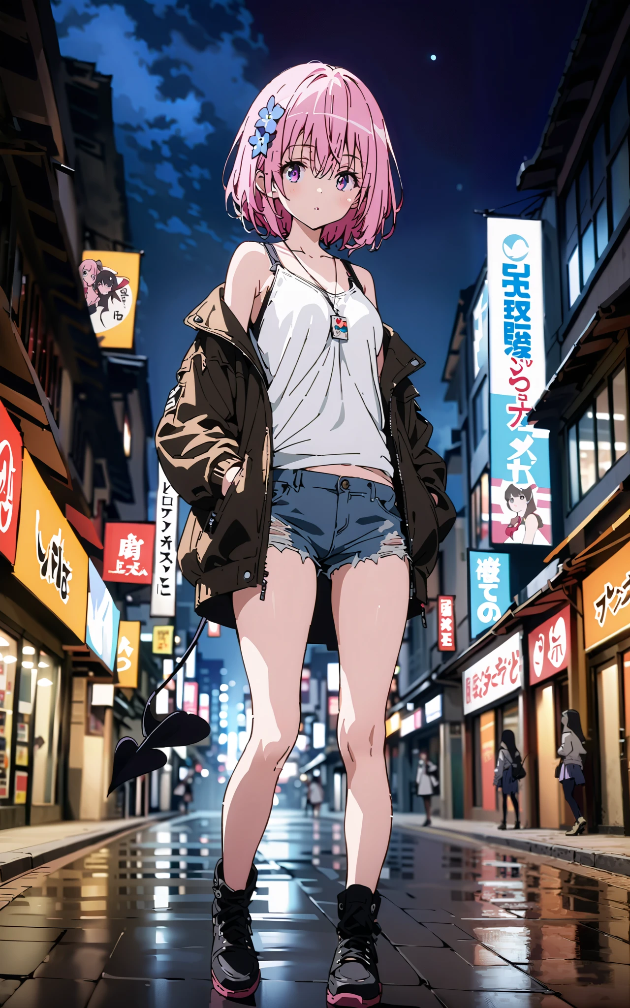 モモデbuildingケ, モモ・デbuildingーク, demon Tail,  Hair Flower, hair ornaments close to the garden, purple eyes, pink hair,  short hair, Medium breast,胸の谷間,Tail,riders jacket,tank top outside of anime,Underbomb,belly button sticking,Bare legs,denim micro shorts,shoes, Short Boots,standing,building,Nōn,night,full bodyがイラストに入るように,
break outdoors, Metropolis,
break looking at viewer,full body,
break (masterpiece:1.2),Highest quality , kampala, Unity 8K Wallpaper ,(shape:0.8),(  fine, beautiful eyes  :1.6),It's a person ,full body写真,CG Details , (perfect hands, complete anatomy),
