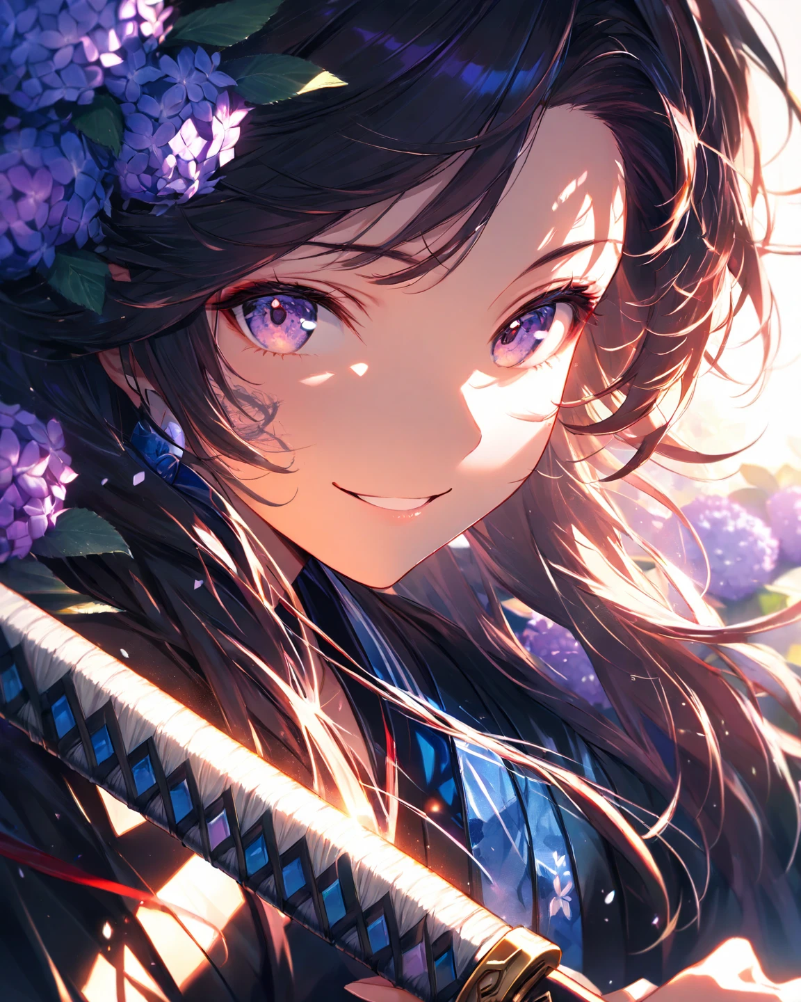 Symetrical,absurdres, highres, ultra detailed, HDR, masterpiece, extremely detailed face and eyes, nico robin, Kimetsu no yaiba,,violet hair , , solo, women, handsome,Mark on forehead ,, , Epic fight scene,flower violet lightning effect, glowing glitters, , flower effect, flower aura effect,black eyes, flower splashing, surrounded by flower energy,