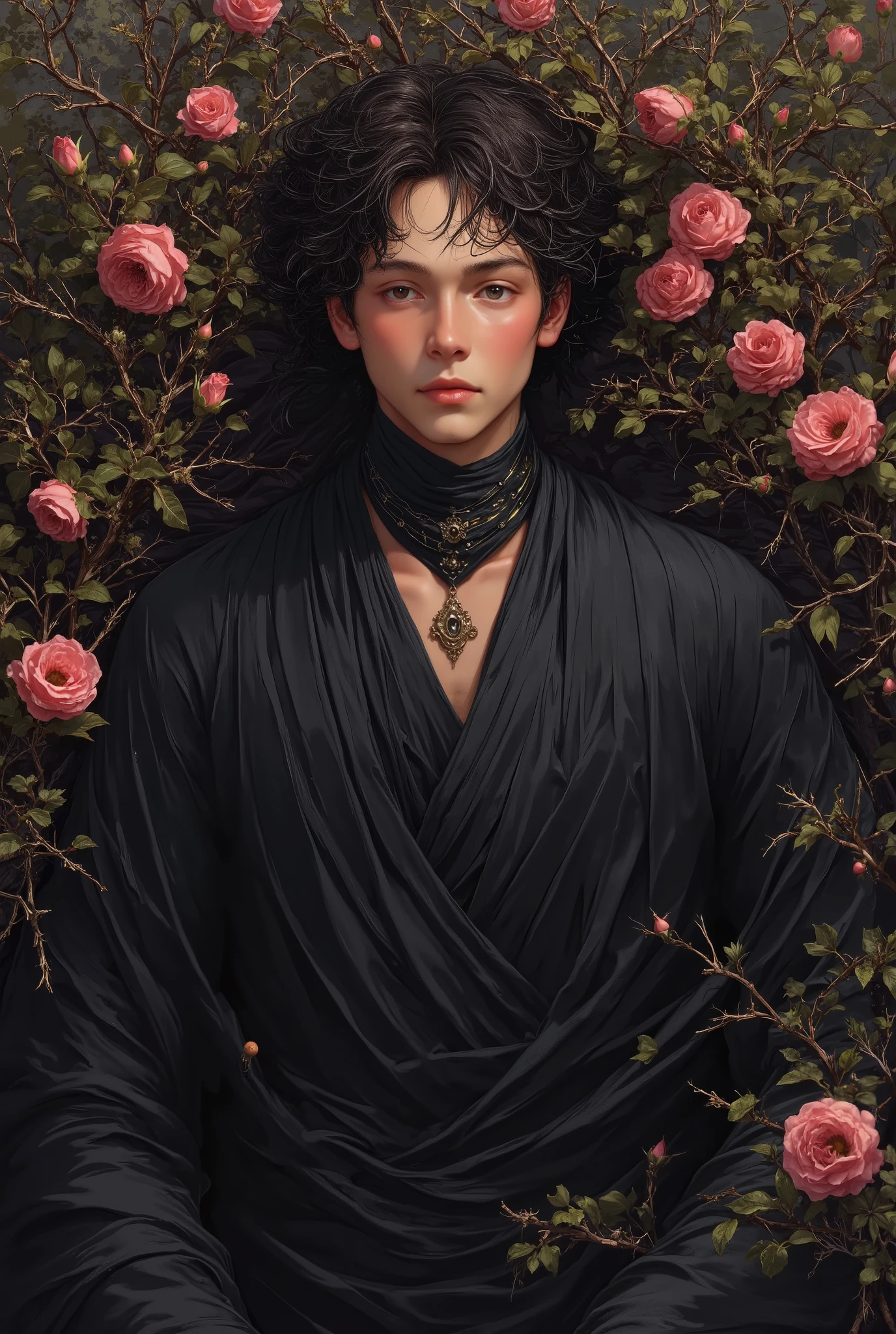handsome young man lying in the bushes and thorns and beautiful  old rose pinks flowers, top view camera. wearing jet black wizards robe and old rose pinks turttle neck shirt inside. oil painting, masterpiece, shadows, expert, insanely detailed, 4k resolution,