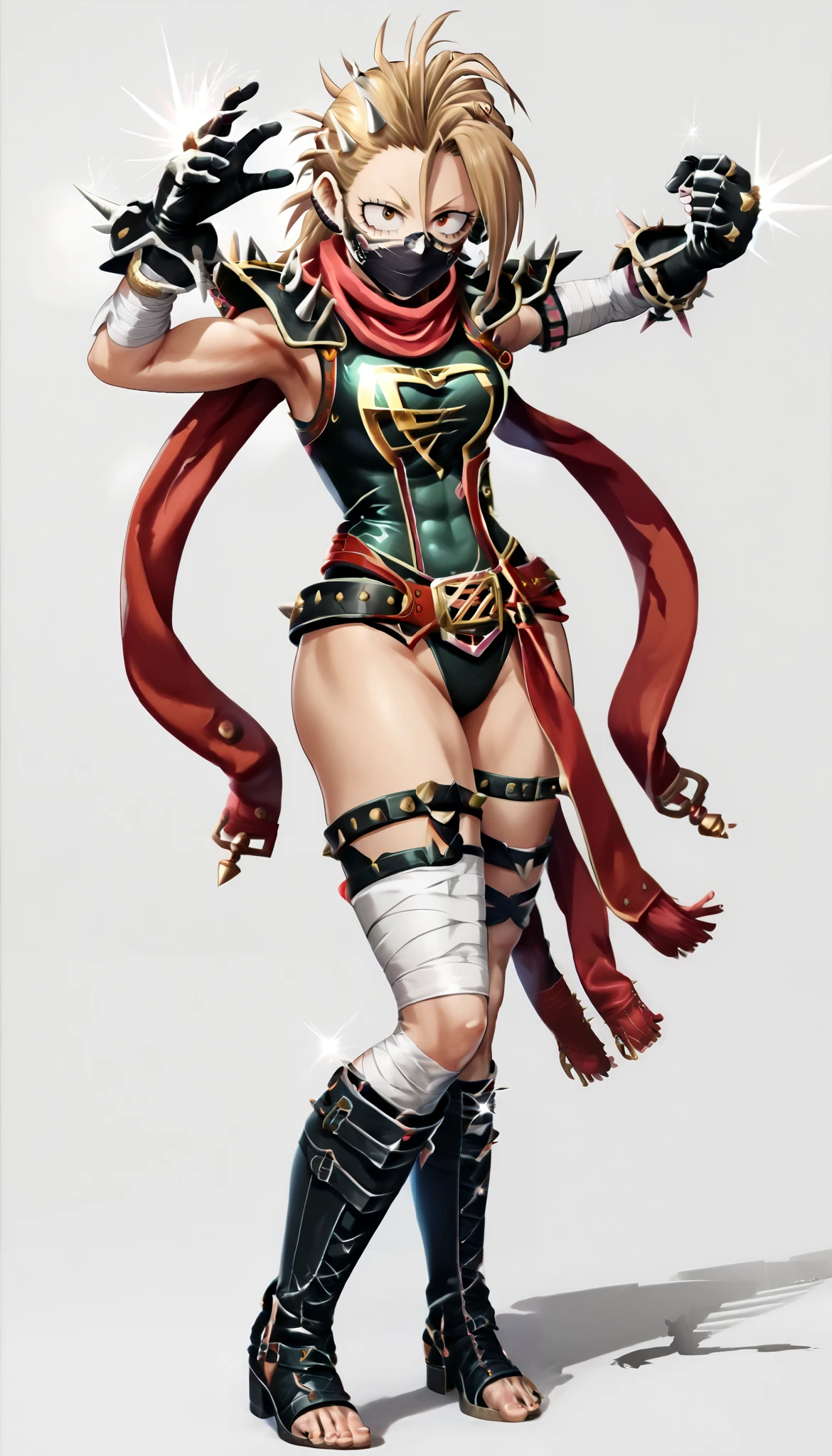 ((My Hero Academia Style)), (Kimura Natsuki), The Idolmaster Cinderella Girls, (1girl) (solo), (female), (american comics heroine:kamen america), (golden shiny hair), leather gloves, black leather bandage mask, armor, boots, red scarf, (Long scarf with 2 spiked rings at the end), bandage leather leotard, clothing cutout, black thigh strap, toeless leather bandage legwear with spikes, shoulder armor with spikes, (very proportion), (dynamic action pose), (full body photo:1.5), (perfect anatomy), (Perfect Hands), (Perfect face), (medium breasts), (toned hips), (toned thighs), (slender waist), (toned calves), (Simple background), (super detailed),