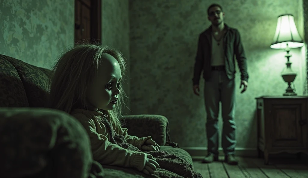create a creature that looks like a horrifying woman slowly rising, with big nails, revealing his deformed face with his mouth sewn shut and sunken eyes in an old abandoned house attacking three young boys

