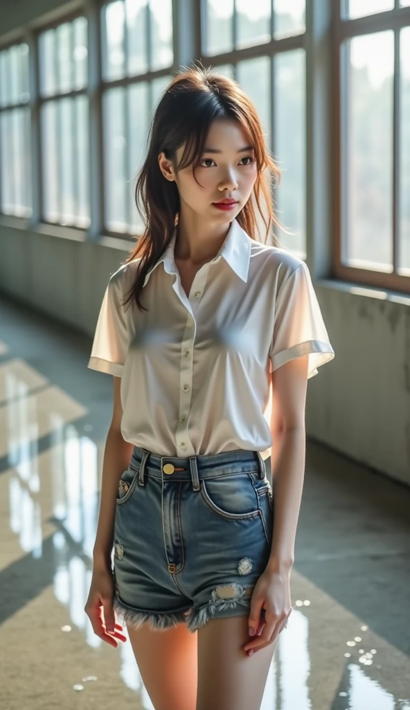 Schoolgirl, 19 years old, realistic, she wears a white transparent shirt above, a short black skirt underneath, [nfsw,], red hair.