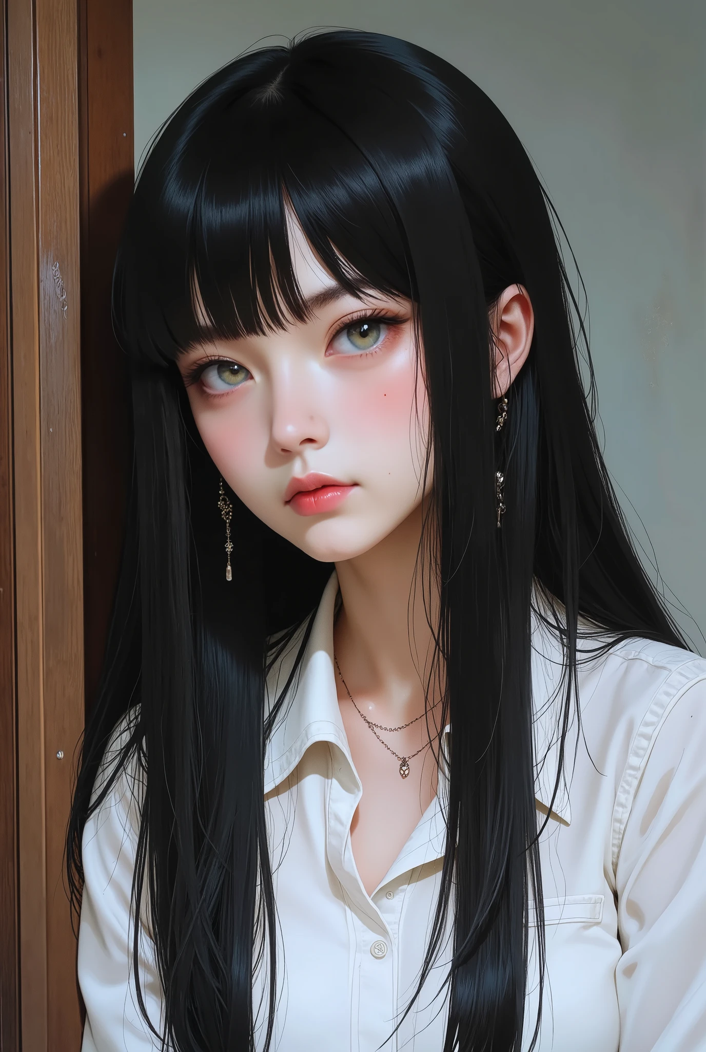 arafed woman with long black hair and a white shirt, she has black hair with bangs, ilya kuvshinov with long hair, long hair with full bangs, anime girl in real life, sui ishida with black hair, the hime cut, long hair with bangs, with full bangs, long black hair with bangs, long straight bangs