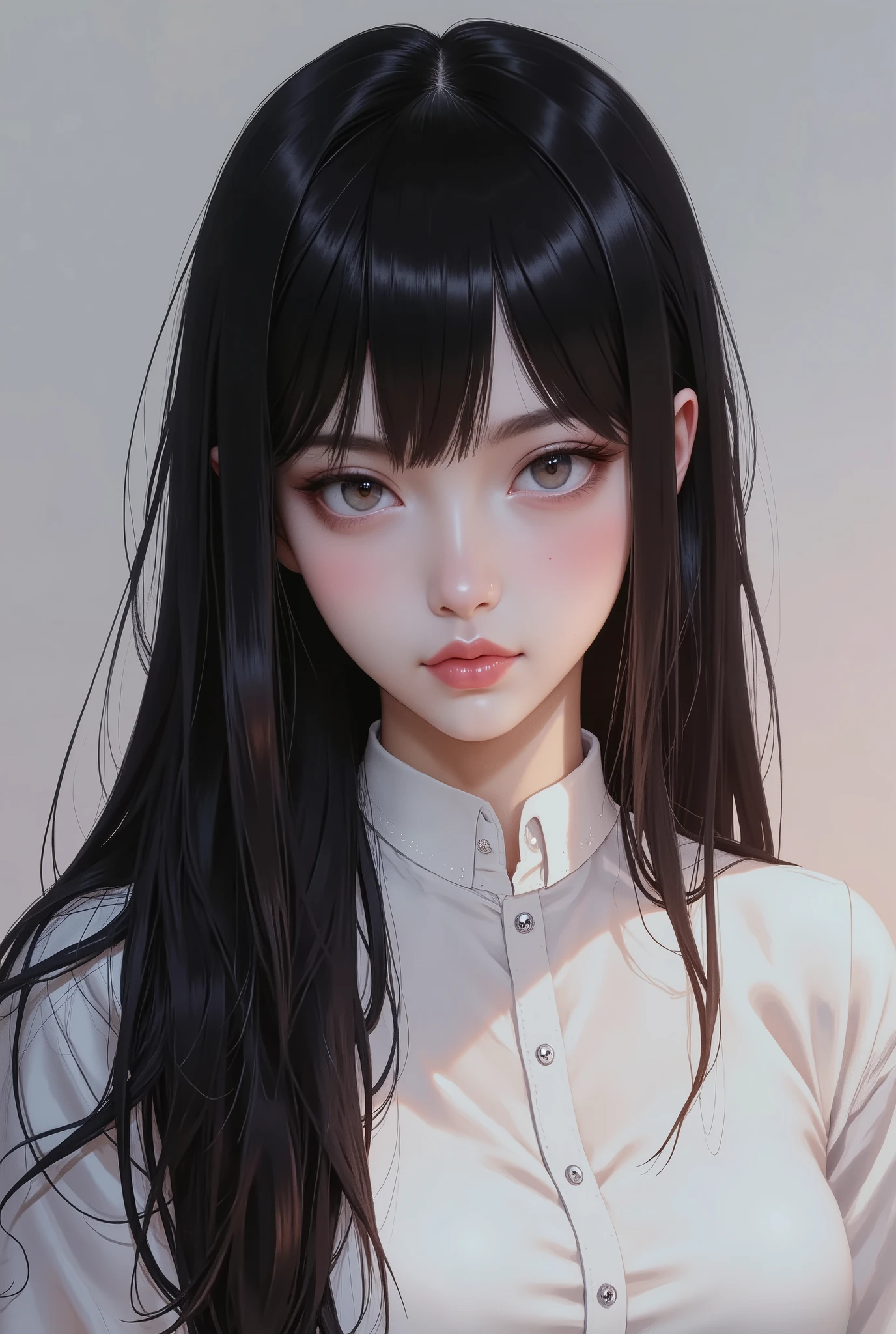 arafed woman with long black hair and a white shirt, she has black hair with bangs, ilya kuvshinov with long hair, long hair with full bangs, anime girl in real life, sui ishida with black hair, the hime cut, long hair with bangs, with full bangs, long black hair with bangs, long straight bangs