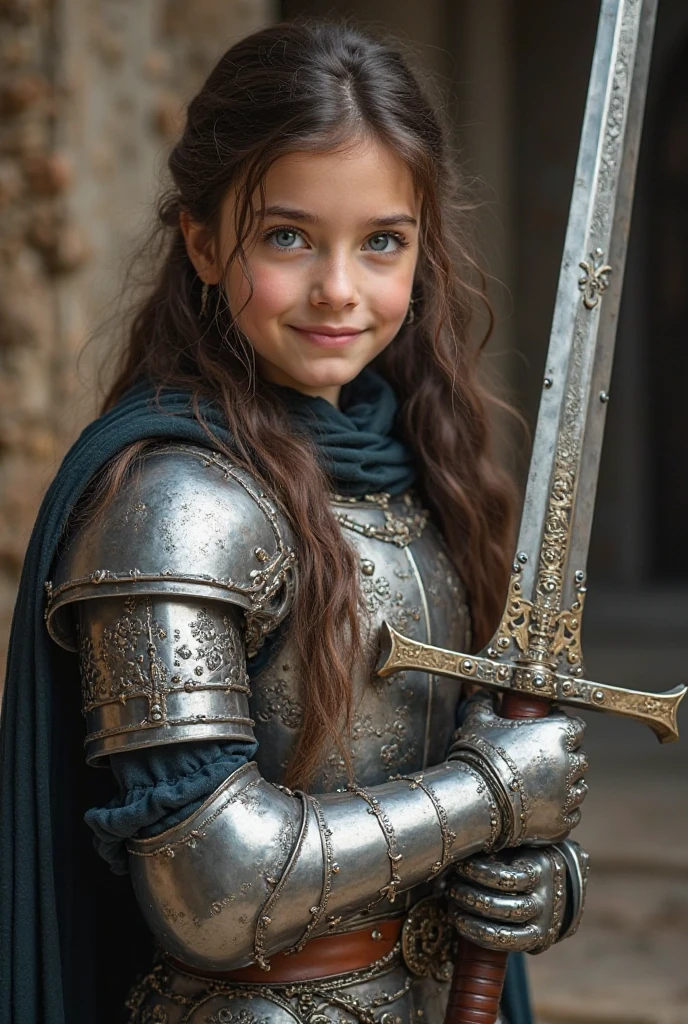 ((high definition)), ((bleached skin)), brunette ((11 years old)) girl, blue eyes, flushed cheeks, straight hair, smiling, naked, dreamy, sexy armor