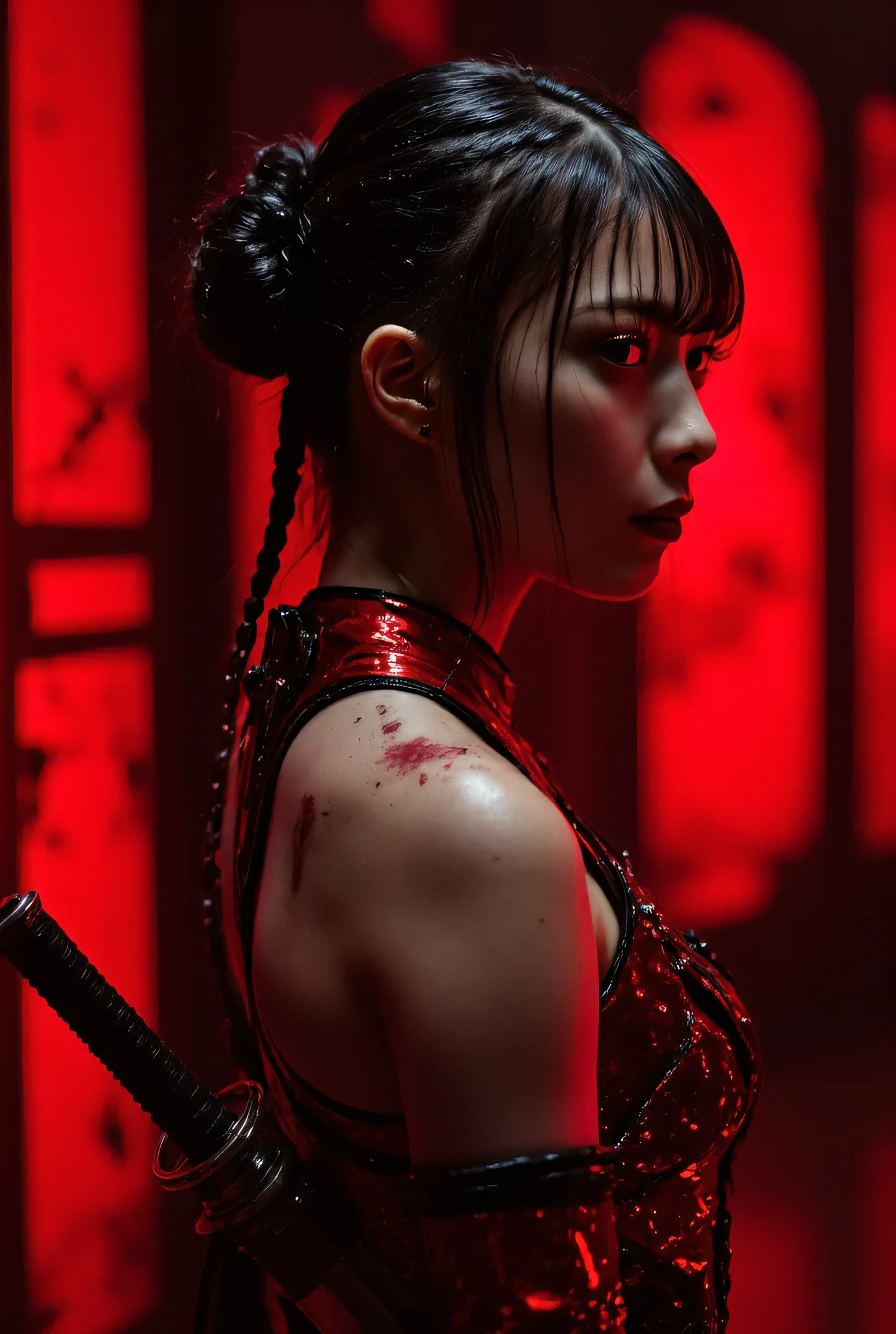 yautja, dark green skin, glowing purple eyes, holding a katana sword, inspired samurai helmet with red markings, crouching in the darkness, (best quality,4k,8k,highres,masterpiece:1.2),ultra-detailed,(realistic,photorealistic,photo-realistic:1.37),concept art,cinematic lighting,dramatic pose,hyperdetailed,intricate details,dramatic shadows,powerful,intense,menacing