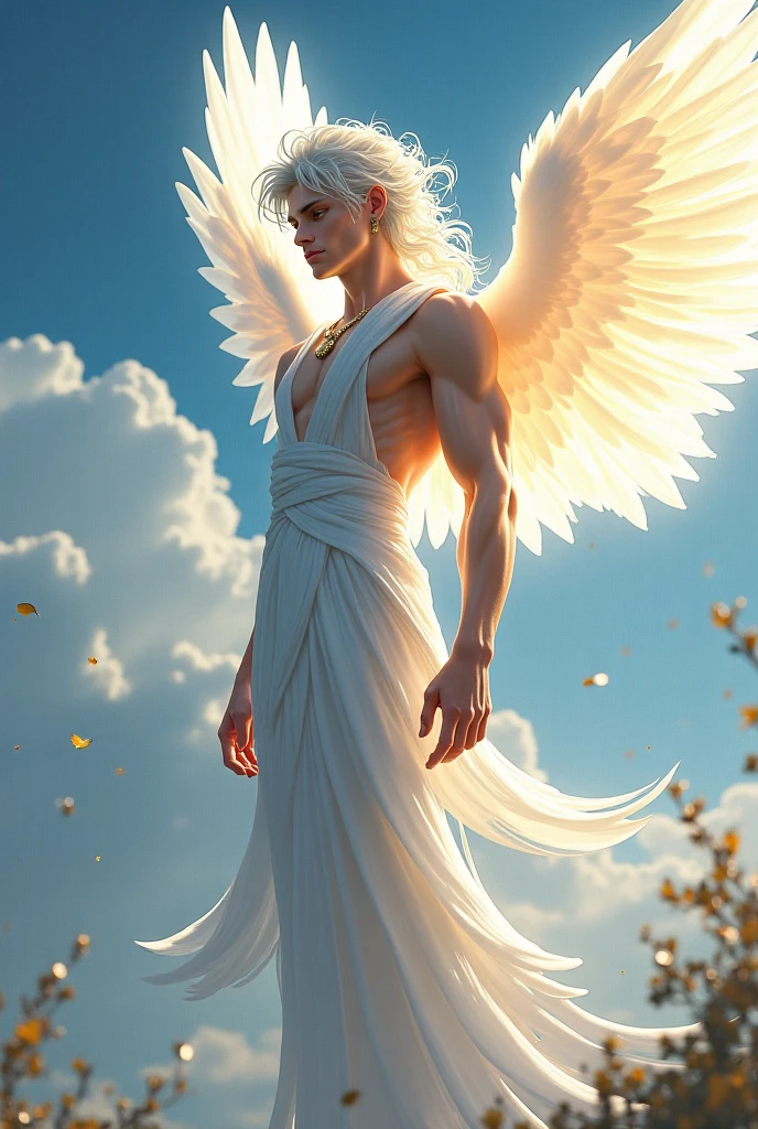 a beautiful handsome blonde man, muscular, naked, large white feathers drifting down, winged arms, a fallen angel, full body image, low angle view