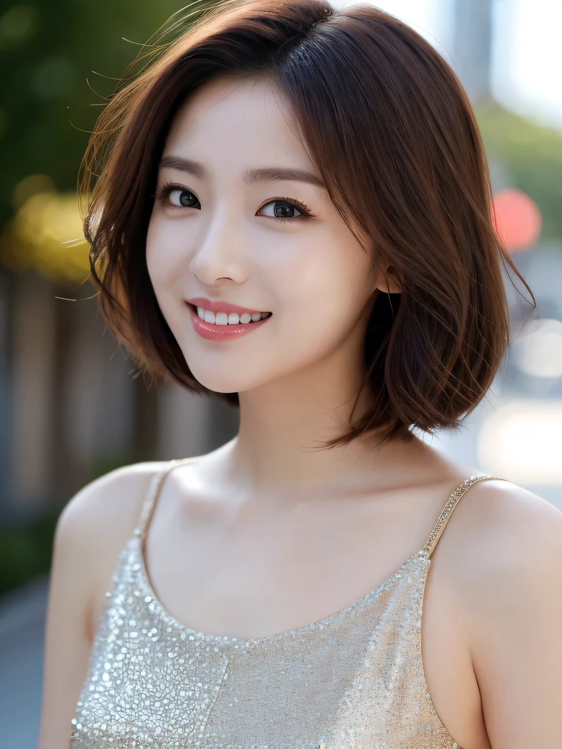 (CG Unity (extreme) Detailed 8K wallpapers, table top, best quality:1.2), high detail, Best image quality, nice scenery, surreal, beautiful Women in Perfect Figure, Realistic Woman, beauty, infp young woman, lipstick, incomparable beauty, short shoulder hair, 강렬하고 beautiful 메이크업, Exquisite and perfect facial features, 가장 beautiful 큰 눈, your face turns red, laugh, huge breasts, split, dynamic angle, beautiful, sexy, amazing body shape, 완벽한 바디 beauty, whole body, Refined, slim waist, bare shoulders, Highly detailed facial and skin structures, fair skin, Harmonious facial details, fair skin, sparkling eyes, soulful eyes, pretty eyes, double eyelid, Get closer to your audience, camera angle, half shirt, City View