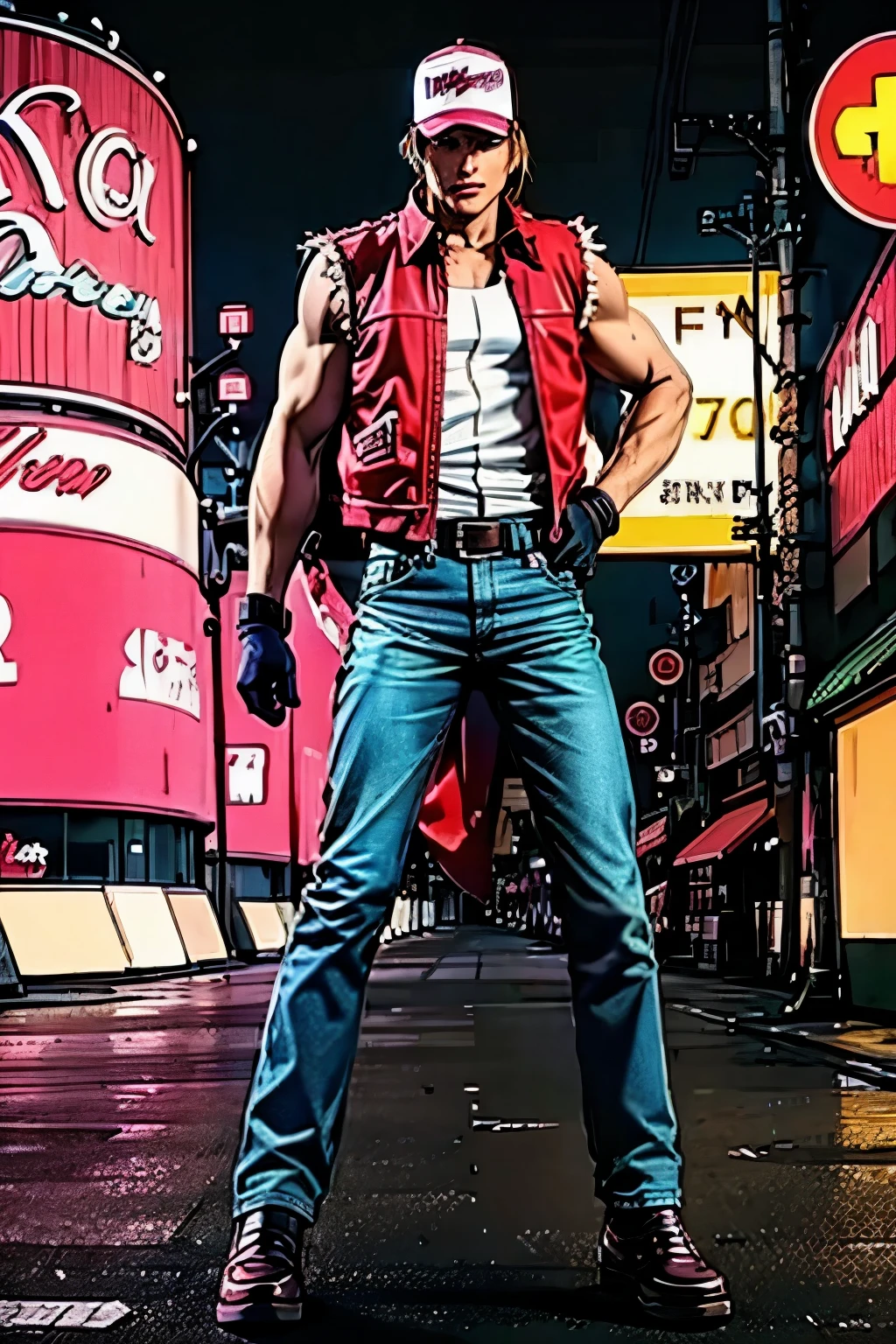 terrybogard, 1 chico, Red Waistcoat, by rubio, Horse tail, Red trucker cap, White sleeveless shirt, jeans, belt, Gloves without fingers, Red shoes, detailed eyes, detailed face, ((Masterpiece, high resolution, Perfect picture street, neon lights, japan))