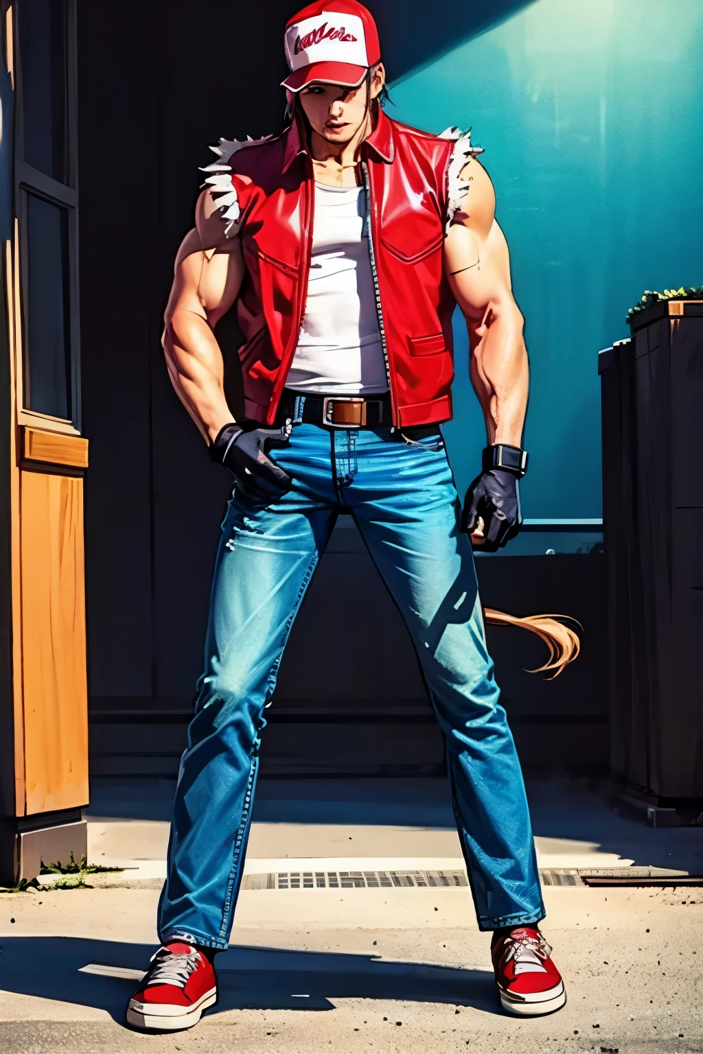 terrybogard, 1 chico, Red Waistcoat, by rubio, Horse tail, Red trucker cap, White sleeveless shirt, jeans, belt, Gloves without fingers, Red shoes, detailed eyes, detailed face, ((Masterpiece, high resolution, Perfect picture, street, neon lights, japan))