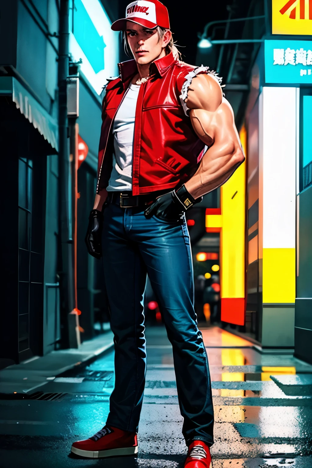 terrybogard, 1 chico, Red Waistcoat, by rubio, Horse tail, Red trucker cap, White sleeveless shirt, jeans, belt, Gloves without fingers, Red shoes, detailed eyes, detailed face, ((Masterpiece, high resolution, Perfect picture, street, neon lights, japan))
