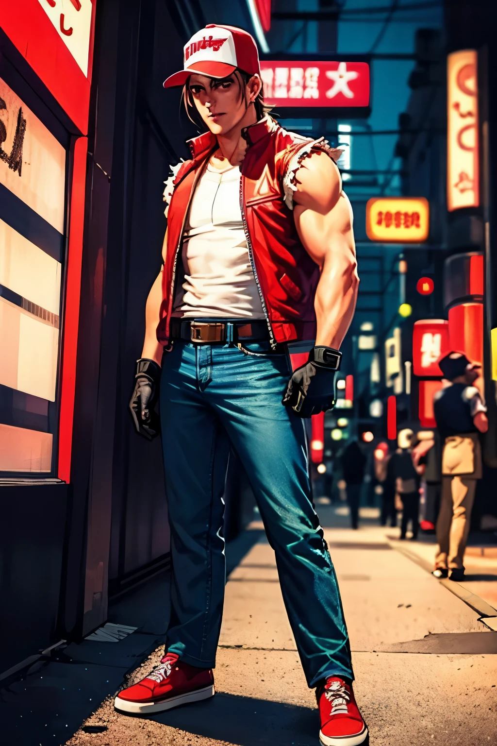 terrybogard, 1 chico, Red Waistcoat, by rubio, Horse tail, Red trucker cap, White sleeveless shirt, jeans, belt, Gloves without fingers, Red shoes, detailed eyes, detailed face, ((Masterpiece, high resolution, Perfect picture, street, neon lights, japan))