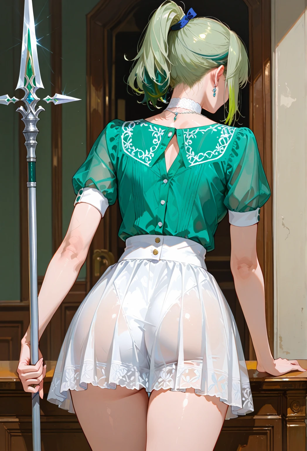1girl, solo, (average height), (blond hair), ((((very short hairstyle)))), (((emerald eyes))), (((tomboy))), (medium breasts), (medium ass), ass support, panties, skirt, bent over, white panties,, masterpiece, best quality, highly detailed