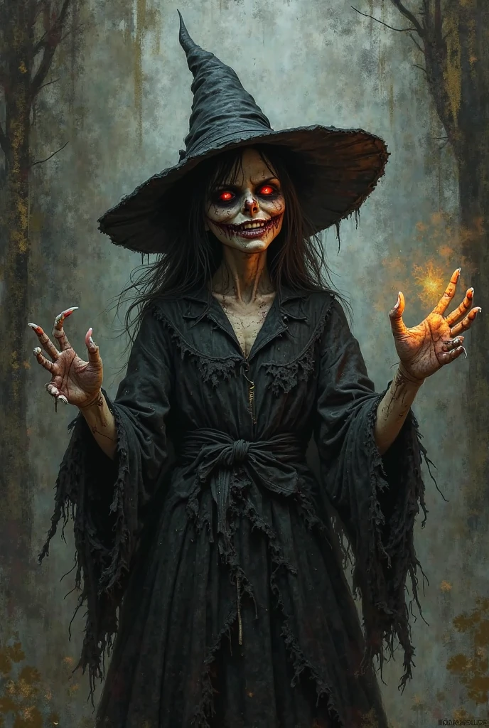 Une peinture d’une sorcière avec un chapeau pointu, Carnage, Science-fiction - Art d'horreur et de fiction, Oeuvre d'horreur de science-fiction, inspiré par Aleksi Briclot, femme, de Carnage, art fantastique d'horreur, par Aleksi Briclot, art conceptuel d'horreur, venin, Art fantastique et horreur, Illustration détaillée de l'horreur 4K, Sourire, art d'horreur sombre