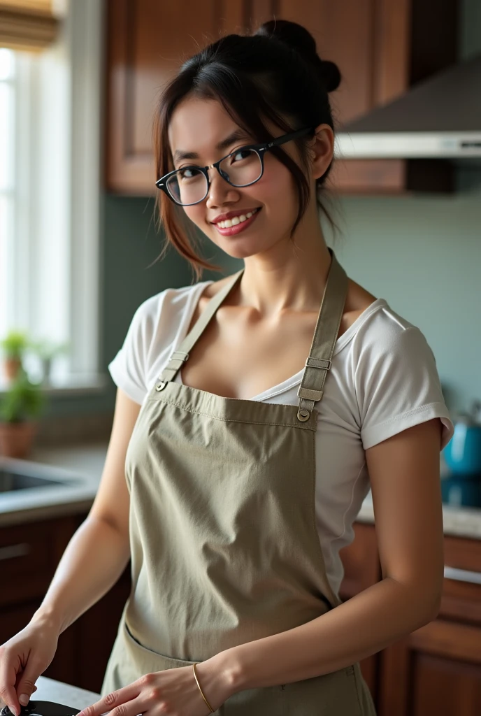 Beautiful 25yo female wearing naked apron, black leather apron, thin black-frame glasses, short silk-brown hair, white teeth smile happy face, tattoo, big breasted, cooking in the kitchen , soft lightning, deep shadow, beautiful photography