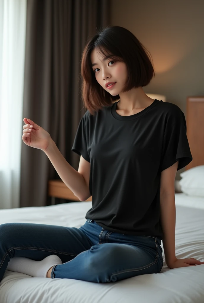 Picture taken with Sony A7RIV, realistic, 8K, Hi-Res picture, masterpiece, perfect facing viewer shoot, detailed complicated background, Gorgeous twenty years old Indonesian girl, natural body, grey oversize t-shirt, stand, apartment big glass windows in Jakarta