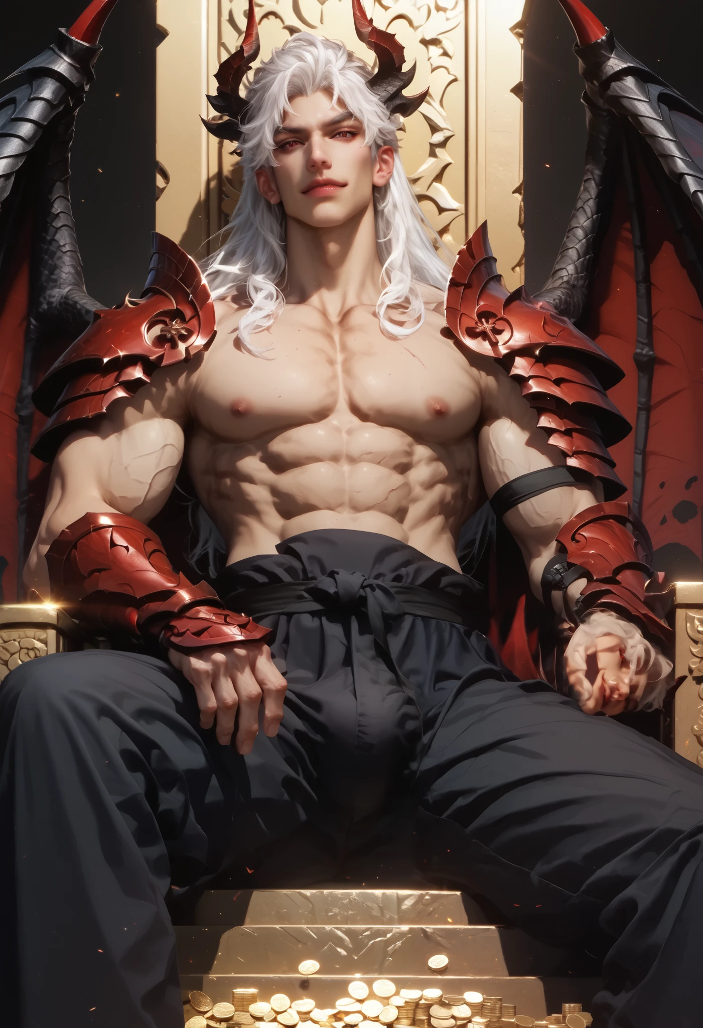 Anime illustration semi-realism of Chinese human dragon hybrid male, semi realistic, shirtless under armor, shirtless, topless, no shirt, muscular, very broad shoulders, smaller waist, slightly muscular body, Asian eyes, monolid eyes, long hair, (((long white hair))), pretty lips, (((red eyes))), sleek design, evil smirk, masculine facial features, detailed face, handsome face, sharp facial features, big bulge, sitting leaning back on big golden throne on top of gold coins arms on armrest, looking at viewer, dynamic light, black and red dragon wings, black dragon horns, has a black dragon tail, black and red armor, black red pointy jagged sharp hand armor, black red pointy jagged sharp body armor, black tight leather pants, full body picture,