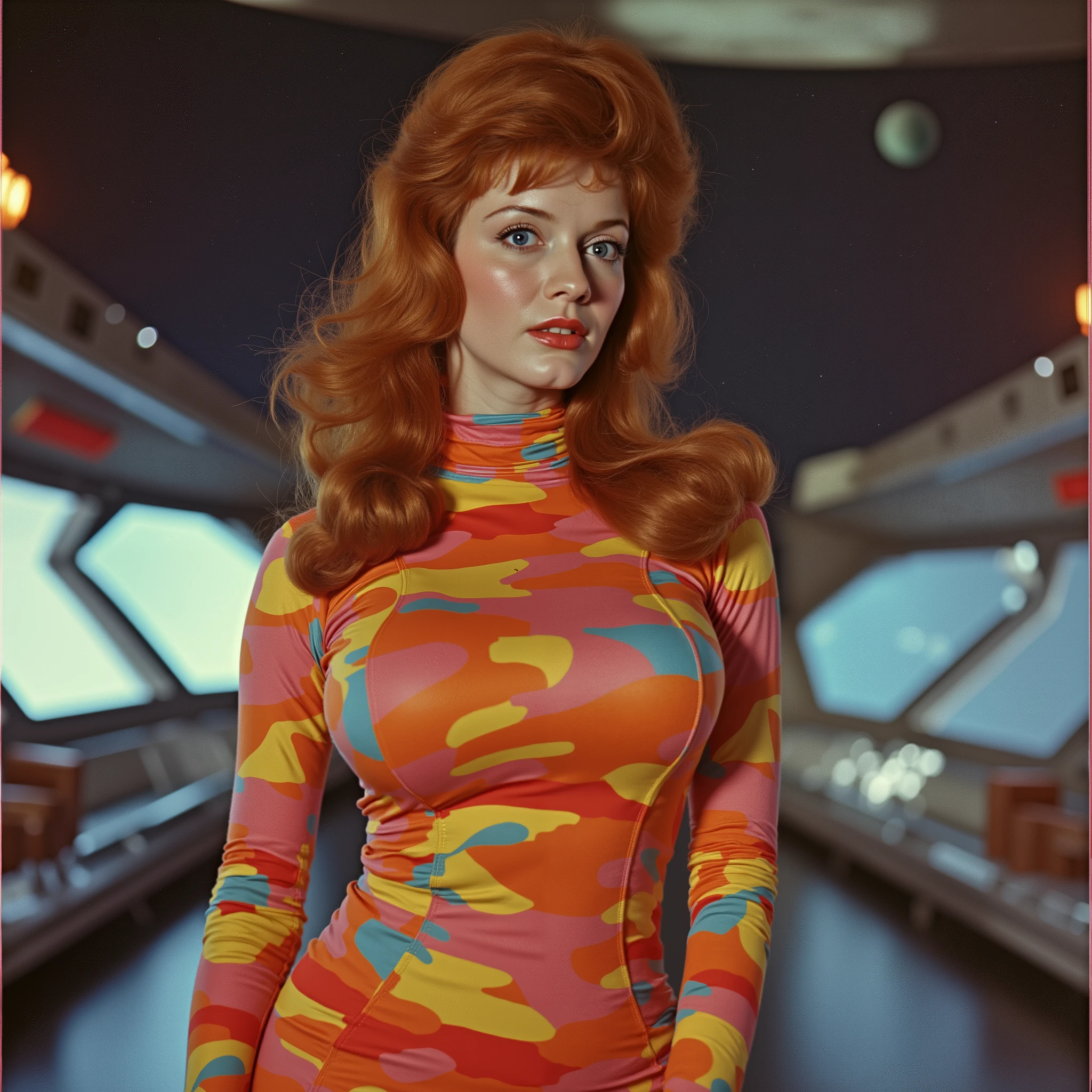A vintage space age artistic image, low angle dutch angle, buxom unique female character, sci-fi 1968, long wavy auburn hair that is high at the top of her head and cascading over her shoulders, curvy, wearing a form fitted 1960s colorful mod space dress with a turtleneck collar. The background is shiny space dock with planets galaxies and stars outside the windows, focusing attention on her attire and hairstyle jet set mod 1960s