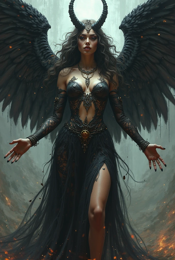 (RAW shooting:1.5, realistic:1.5, Fantasy:1.5, 8D), light and dark, (Highest quality, Masterpiece, Ultra high resolution), The Desolated Demon World, ((Perfect dynamic composition:1.7, Detailed tattoos all over the body:1.6, Wear exquisite jewelry:1.6)), Highly detailed skin and facial features:1.3, Details of the limbs, ((Lucifer (lucifer) , Seraphim (Seraphim))), (สุดเซ็กซี่มีทั้งAngel wings and devil wings, big wings:1.3, beautiful and beautiful:1.3), white skin, open your legs, chaos, Darkness, light, (Wear shoulder-length clothing correctly.:1.3), big breastsที่กำลังจะระเบิด, ช่องว่างbig breasts, (The expression on your face when you feel a strong touch., Facial expressions when feeling pleasure, A look sunk in joy), beautiful blue eyes, Eyes that give a feeling of elegance and beauty, sexy face, Blush, (Too erotic and cute:0.9, Fascinating:0.9), (An incomprehensible amount of fluid flows throughout the body.:1.5), Extra long black curly hair, Looking up from the tip of the toes, emphasis on wings, wings on shoulder, Angel wings and devil wings:1.3, white wings and black wings:1.3, (Realistic picture, highest resolution), (A demon god with wide wings and enormous power on his shoulders.), 6 angel wings, Six-winged bat demon, (((Clearly separate the wings of gods and demons.))), wings on back, wings on shoulder, (Beautiful girl with two meter long hair, Shiny black hair, white skinเรียบเนียน, Lips are very red.), ((stand, Walk)), (big breasts, big tits), (gigantic breast, breast augmentation, Breast 400 cc., small waist, hips raised, small thighs, Long legs), (dynamic poses), (Armor that slightly conceals the body), Separate theme, (Angel wings and devil wings:1.3), floating in the air above the ground, background darkness, Embraced by four wings, Horns that sprout from the head like a crown, He who has light, wears little armor, There is power coming out of the body., sparkling wings, white light black light, amazing wings, beautiful gesture, 8K resolution, beautiful gesture, Angel wings and devil wings, (Realistic picture, highest resolution, 16K)
